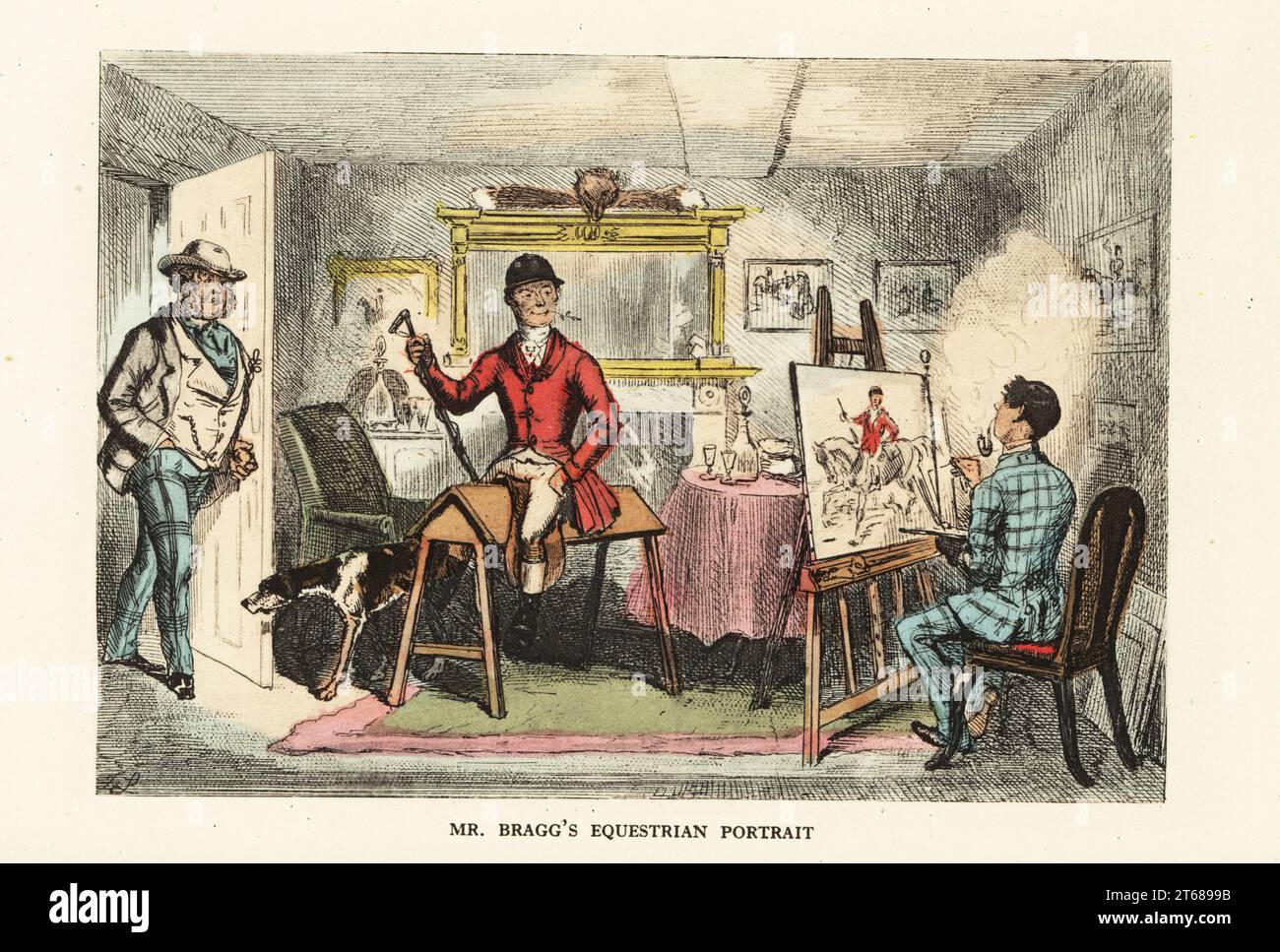 English gentleman in hunting pinks having his portrait painted, 19th century. Ruddle the artist smoking a pipe while painting Bragg seated on a saddle stand. Mr. Braggs equestrian portrait. Handcoloured steel engraving after an illustration by John Leech from Robert Smith Surtees Mr. Sponges Sporting Tour, Bradbury and Evans., London, 1853. Stock Photo