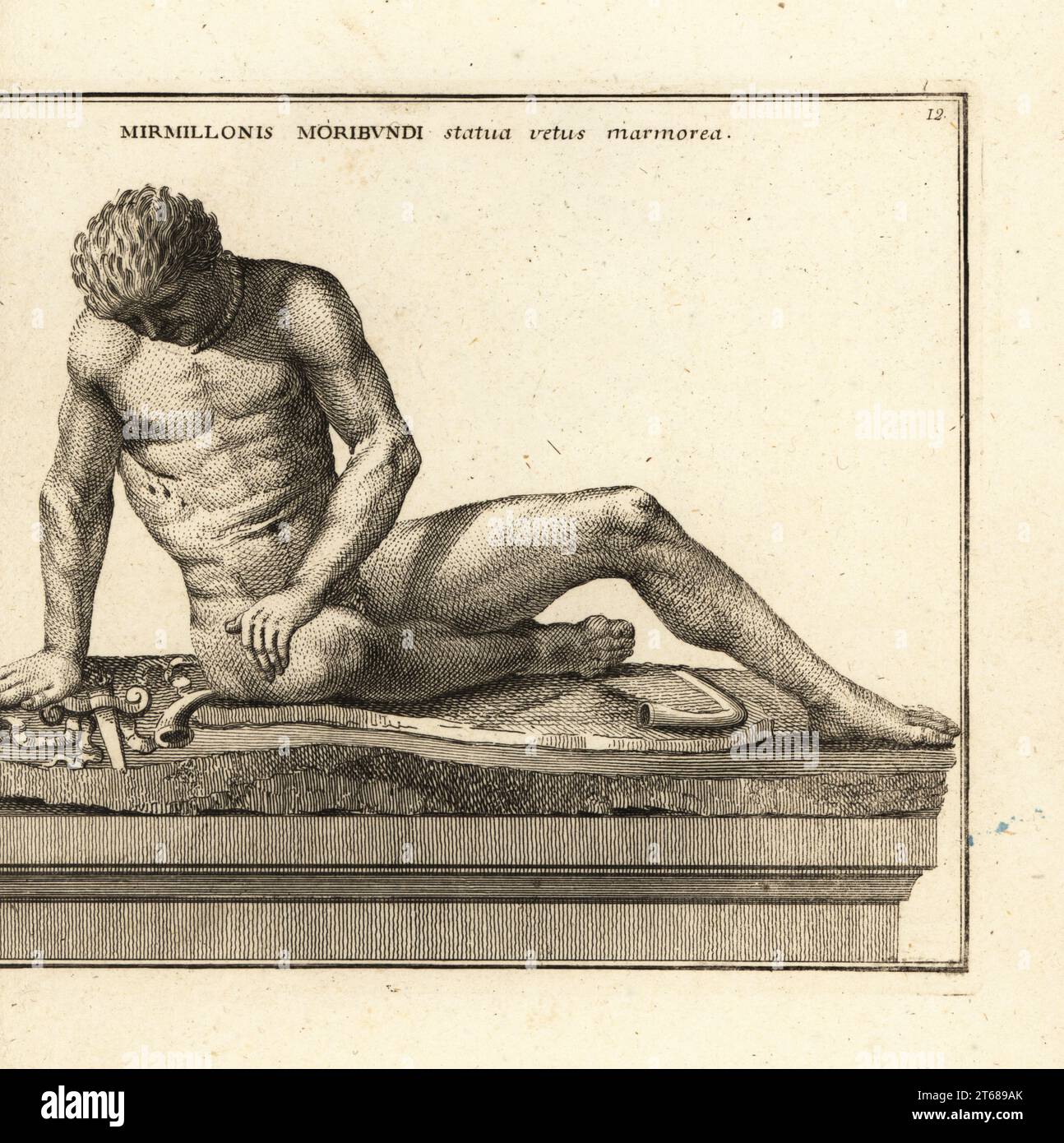 The Dying Gaul, ancient Roman marble statue by Epigonus, now in the Capitoline Museum. With characteristic Celtic hairstyle and moustache with a Celtic torc around his neck. Formerly known as the Dying Gladiator. Mirmillonis Moribundi statua vetus marmorea. Copperplate engraving by Giovanni Battista Cannetti from Copperplates of the most beautiful ancient statues of Rome, Calcografia di piu belle statue antiche a Roma, engraved by Cannetti all'Arco della Ciambella, published by Gaetano Quojani, Rome, 1779. Stock Photo