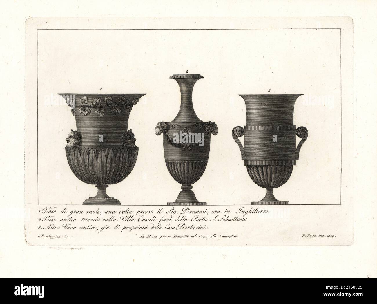 Large vase with satyr heads, once owned by the artist Giovanni Battista Piranesi 1, ancient vase with ram's heads found in the Villa Casali outside Porta San Sebastiano 2, and ancient vase from the Casa Barberini 3. Copperplate engraving by Pietro Ruga after an illustration by Lorenzo Rocceggiani from his own 100 Plates of Costumes Religious, Civil and Military of the Ancient Egyptians, Etruscans, Greeks and Romans, Franzetti, Rome, 1802. Stock Photo
