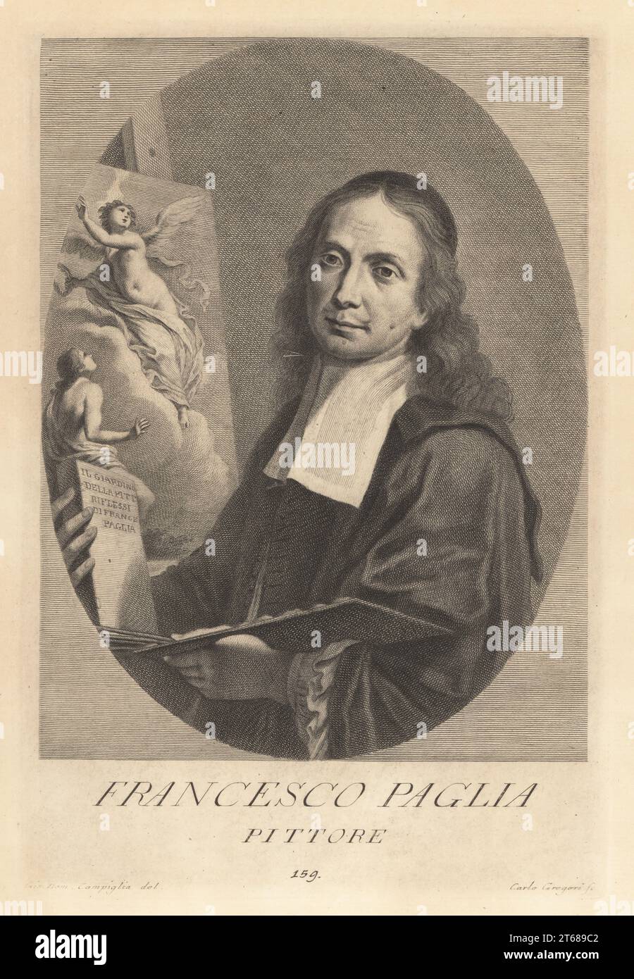 Francesco Paglia, Italian painter of the late-Baroque period, 1636-1713. Worked mainly in his birthplace of Brescia. With book Il Giardino della Pitt. Riflessi di France Paglia, palette and paint brush before a painting on an easel. Pittore. Copperplate engraving by Carlo Gregori after Giovanni Domenico Campiglia after a self portrait by the artist from Francesco Moucke's Museo Florentino (Museum Florentinum), Serie di Ritratti de Pittori (Series of Portraits of Painters) stamperia Mouckiana, Florence, 1752-62. Stock Photo