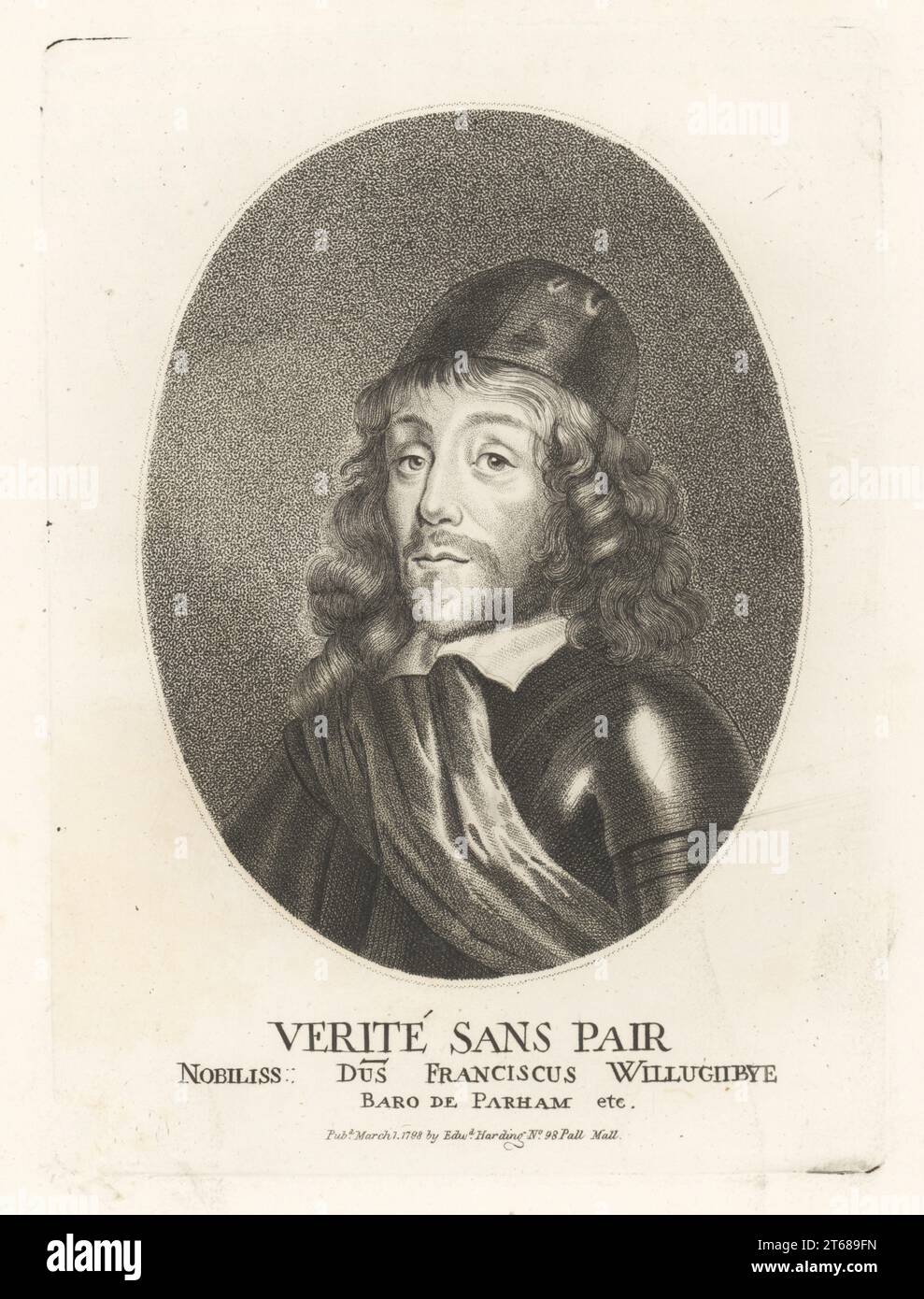Oval portrait of Francis Willoughby, 5th Baron Willoughby of Parham, c.1613-1666. Parliamentary and Royalist soldier during the English Civil War, Governor of Barbados, died in a hurricane near Martinique. With shoulder-length curly hair, short beard and moustache, wearing skull-cap, collar, sash and armour. Verite sans Pair. Nobiliss Dus Franciscus Willoughbye, Baro de Parham. Copperplate engraving by Edward Harding from John Adolphus The British Cabinet, containing Portraits of Illustrious Personages, printed by T. Bensley for E. Harding, 98 Pall Mall, London, 1799. Stock Photo