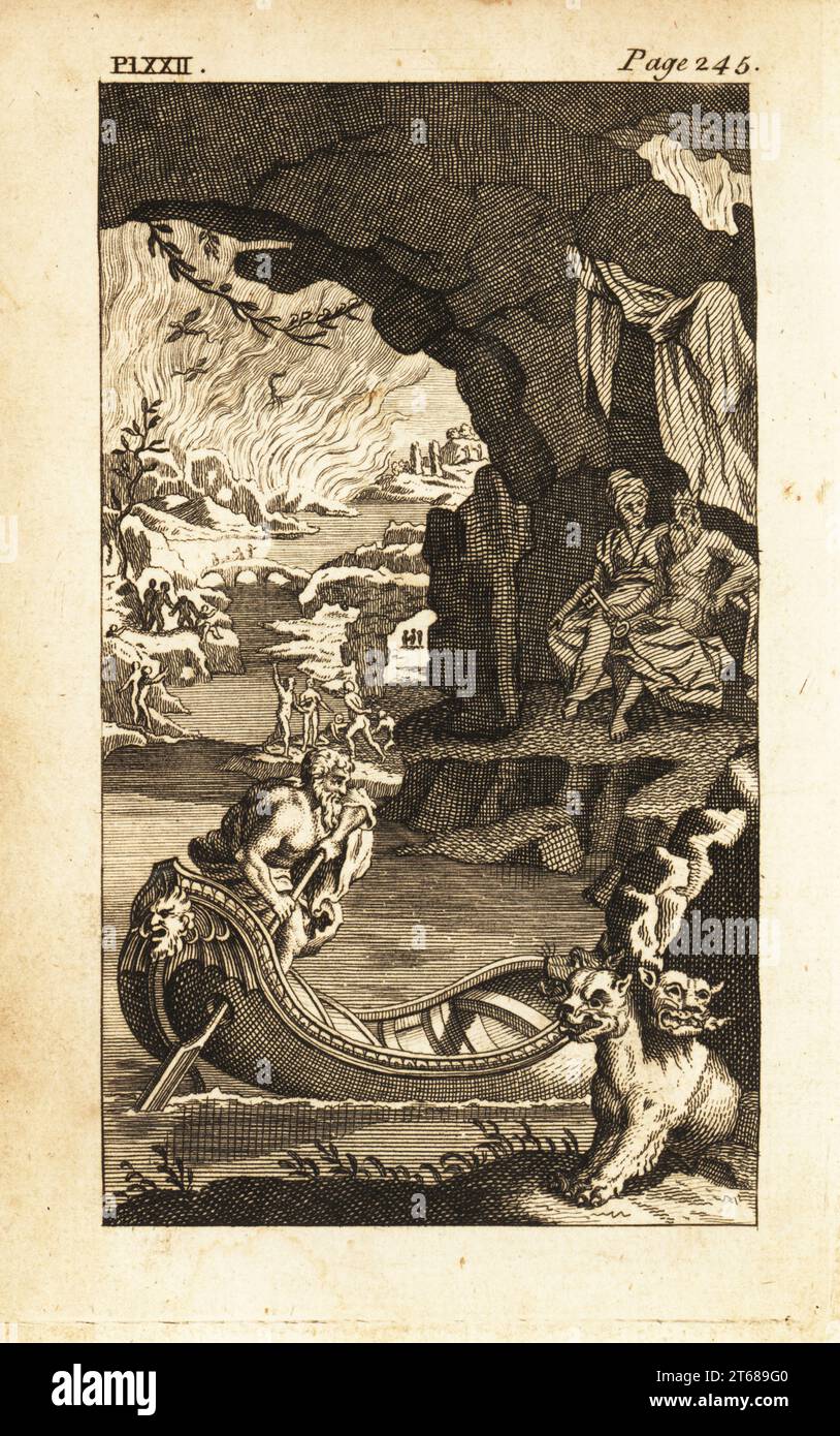 View of Greek Hell or Hades, with Pluto and Persephone. Charon, the ferryman with his boat on the river Styx, two-headed dog Cerberus, souls in flames. Copperplate engraving from Andrew Tookes The Pantheon, Representing the Fabulous Histories of the Heathen Gods, London, 1757. Stock Photo