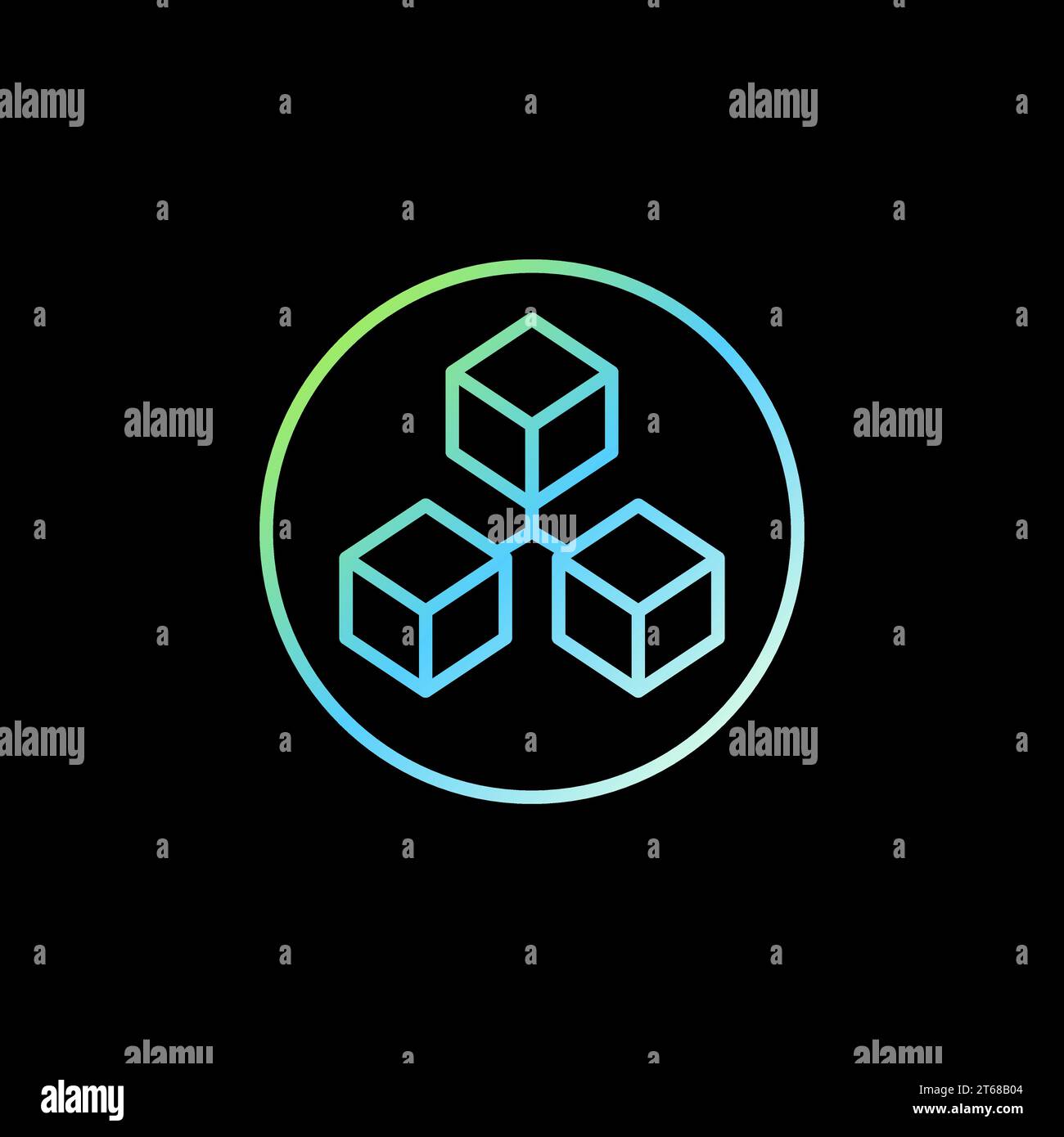 Three Connected Blocks - Cryptocurrency Blockchain Technology in circle linear vector concept colored icon on dark background Stock Vector