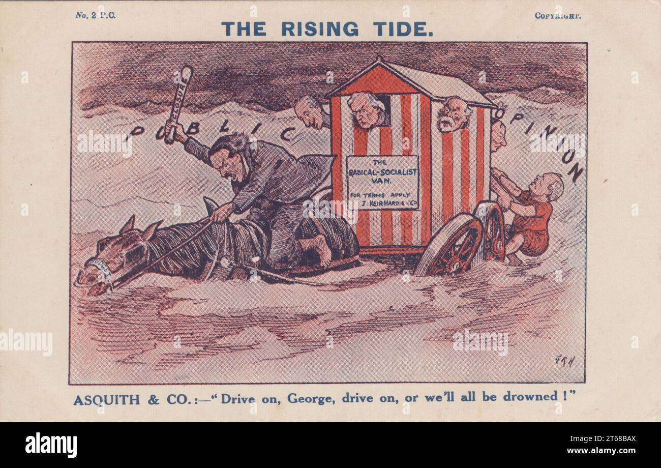 'The Rising Tide': postcard published by the National Union of Conservative and Constitutional Associations. The cartoon shows David Lloyd George, Liberal Party Chancellor of the Exchequer, attempting to drive 'The Radical - Socialist van' through a rising tide of 'Public opinion'. The flagging horse pulling the van has 'Budget' on its bridle. The van looks like a bathing machine and includes Liberal politicians, including Prime Minister H.H. Asquith, sticking their heads out. Winston Churchill, dressed in a bathing costume, is being helped into the van, which is about to lose one wheel. Stock Photo