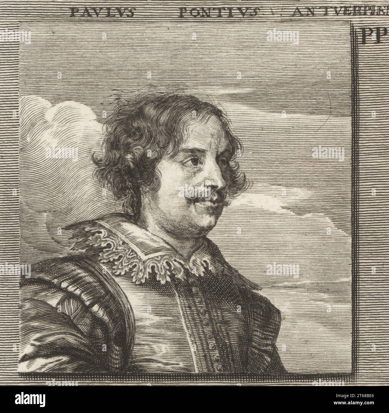 Paulus Pontius, Flemish engraver and painter from Antwerp, 1603-1658. A leading engraver connected with Peter Paul Rubens, Anthony van Dyck and Jacob Jordaens. Paulus Pontius Antverpien. Copperplate engraving after an illustration by Joachim von Sandrart from his LAcademia Todesca, della Architectura, Scultura & Pittura, oder Teutsche Academie, der Edlen Bau- Bild- und Mahlerey-Kunste, German Academy of Architecture, Sculpture and Painting, Jacob von Sandrart, Nuremberg, 1675. Stock Photo