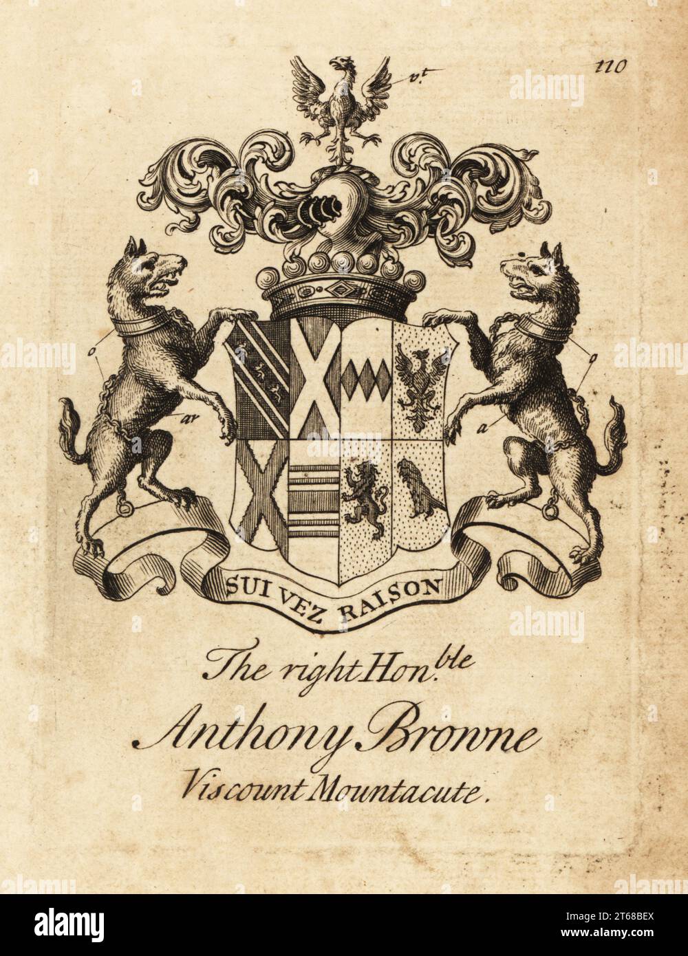 Coat of arms of the Right Honourable Anthony Browne, Viscount Mountacute or Viscount Montagu. Copperplate engraving by Andrew Johnston after C. Gardiner from Notitia Anglicana, Shewing the Achievements of all the English Nobility, Andrew Johnson, the Strand, London, 1724. Stock Photo