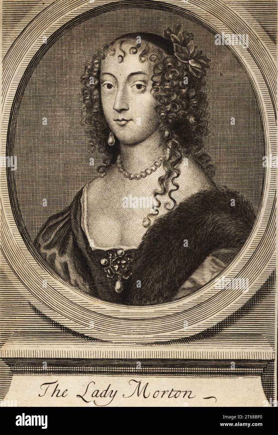 Anne Douglas, Countess of Morton (c. 1610-1654), born Anne Villiers, English noblewoman, famed for her beauty, bravery and loyalty to the throne. Daughter of Sir Edward Villiers, married to Robert Douglas, Lord Dalkeith, later Earl of Morton. The Lady Morton. Copperplate engraving after a painting by Theodore Russel, London, 1790s. Stock Photo