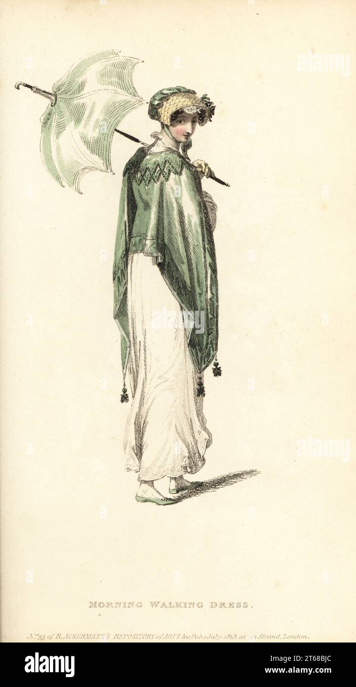 Regency woman in morning walking dress. Cambric or jaconot muslin robe with needlework at hem, Cossack mantle of Pomona green shot sarsnet, provincial poke bonnet of quilted satin, matching parasol and shoes, pale tan gloves. Plate 5, Vol. 10, July 1 1813.. Handcoloured copperplate engraving by Thomas Uwins from Rudolph Ackermann's Repository of Arts, London. Stock Photo