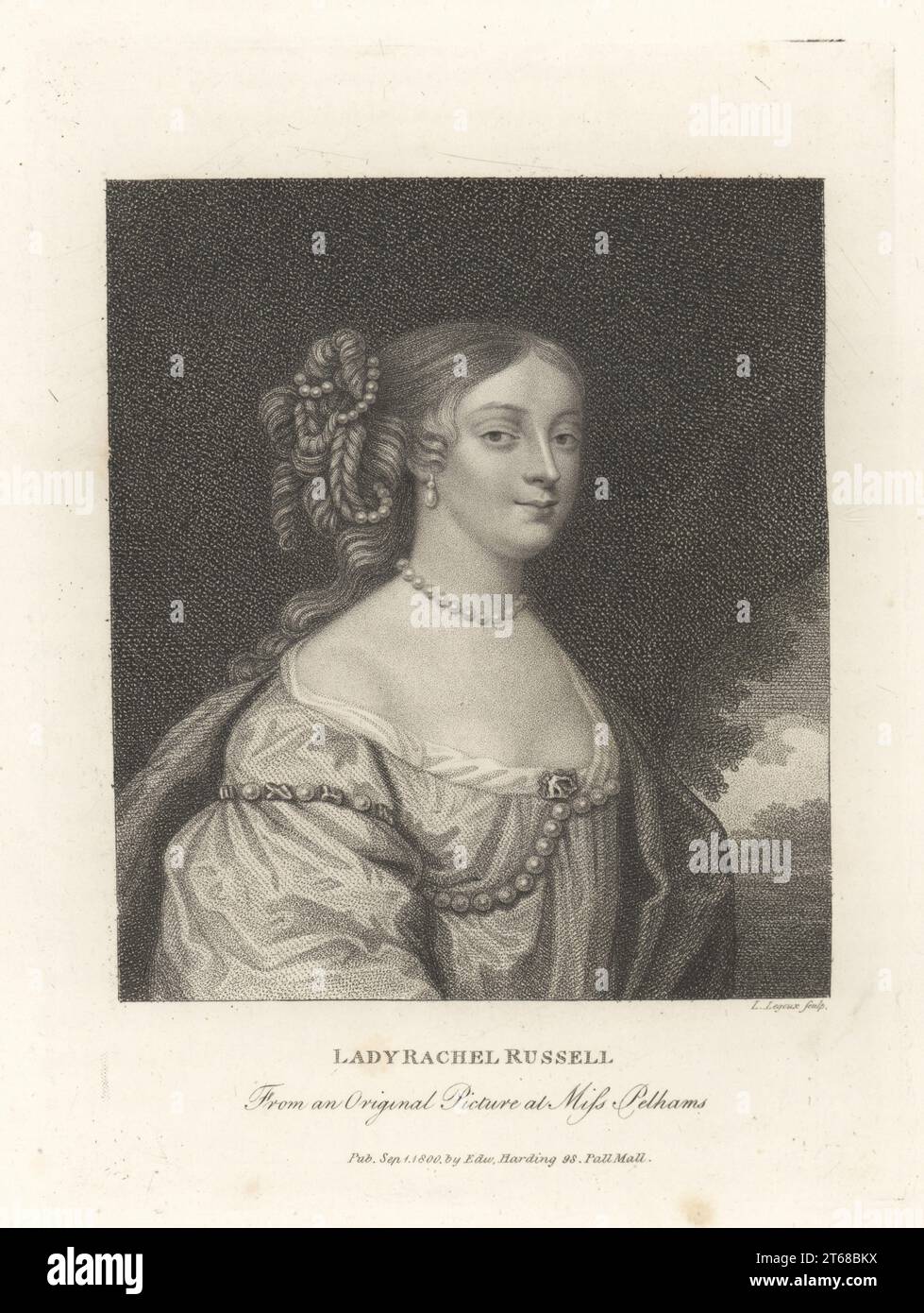 Rachel, Lady Russell, English noblewoman, heiress, and author c.1636-1723, Her second husband William, Lord Russell, was implicated in the Rye House Plot and executed in 1683. With pearls in her hair, low-cut gown. Lady Rachel Russell. After an original picture at Miss Pelhams. Copperplate engraving by Louis Legoux from John Adolphus The British Cabinet, containing Portraits of Illustrious Personages, printed by T. Bensley for E. Harding, 98 Pall Mall, London, 1800. Stock Photo