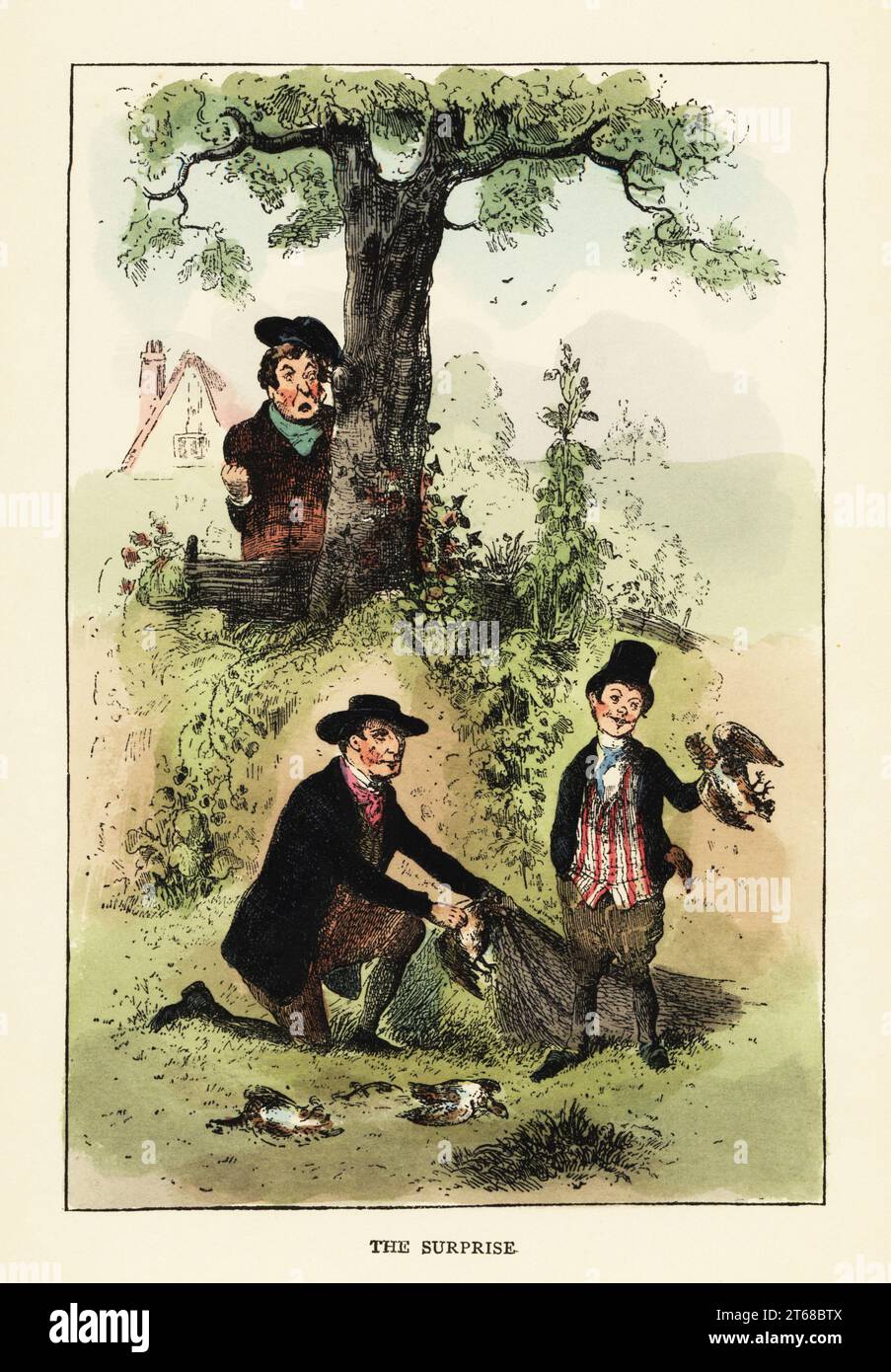 Landowner discovering poachers netting partriduges on his land, 19th century. Mr. Jorrocks sees Benjamin wringing the neck of a partridge that Joshua Sneakington has handed him from a net. The Surprise. Handcoloured steel engraving after an illustration by Wildrake, Heath or Jellicoe from Robert Smith Surtees Hillingdon Hall, or the Cockney Squire, a Tale of Country Life, John C. Nimmo., London, 1844. Stock Photo