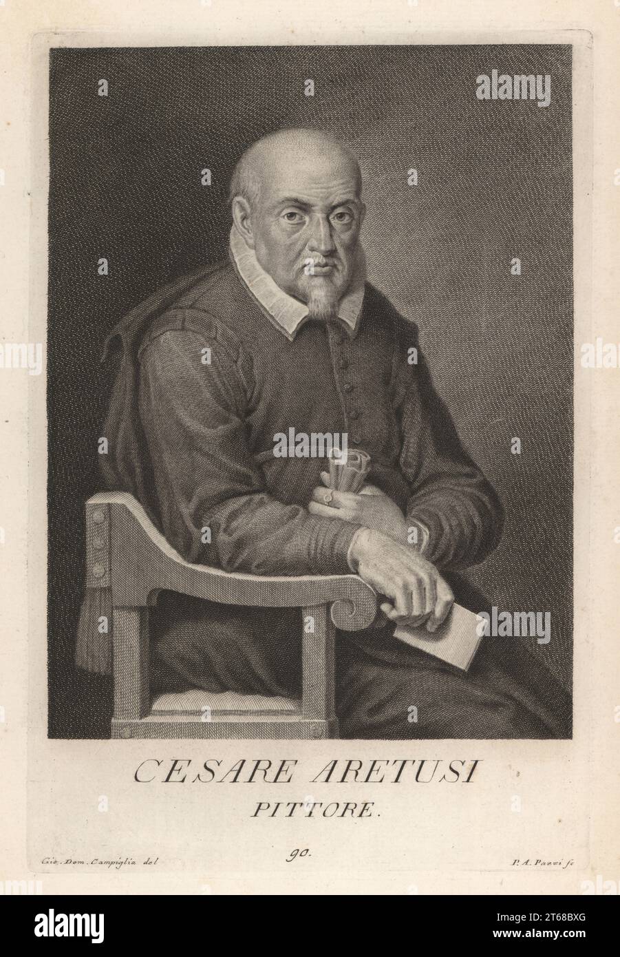 Cesare Aretusi, Italian painter of the late-Renaissance period, 1549-1612. Native of Bologna, paintings in S. Benedetto, S. Francesco, and S. Giovanni. Cesare Aretusi, Pittore. Copperplate engraving by Pietro Antonio Pazzi after Giovanni Domenico Campiglia after a self portrait by the artist from Francesco Moucke's Museo Florentino (Museum Florentinum), Serie di Ritratti de Pittori (Series of Portraits of Painters) stamperia Mouckiana, Florence, 1752-62. Stock Photo