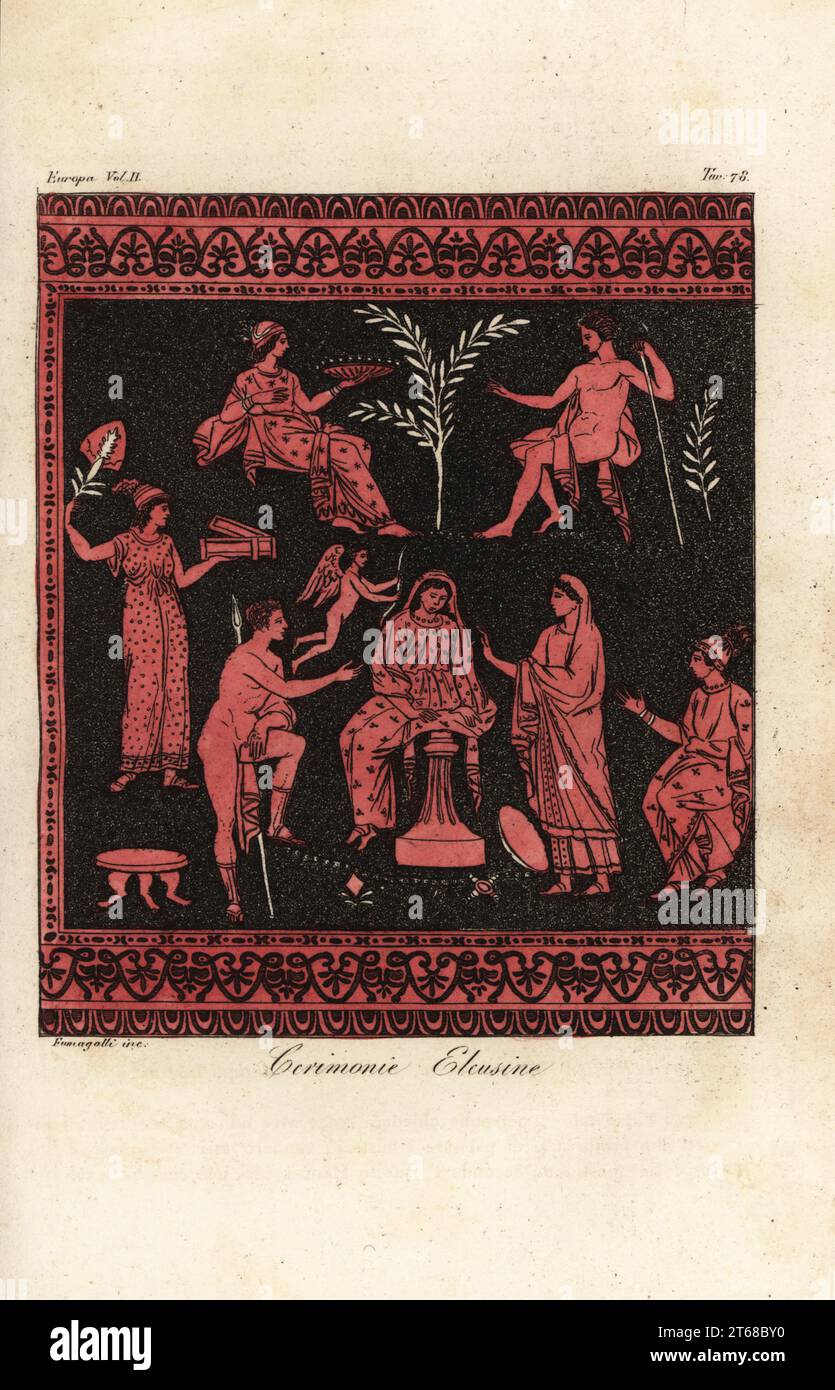 The Eleusinian Mysteries, initiations for the cult of Demeter and Persephone based at Eleusis, Greece. The goddess Ceres sits on the Puteal on the Callirhoe well surrounded by dancing virgins. From a vase in the collection of Sir William Hamilton. Ceremonie Eleusine. Handcoloured copperplate engraving by Fumagalli from Giulio Ferrarios Costumes Ancient and Modern of the Peoples of the World, Il Costume Antico e Moderno, Florence, 1826. Stock Photo