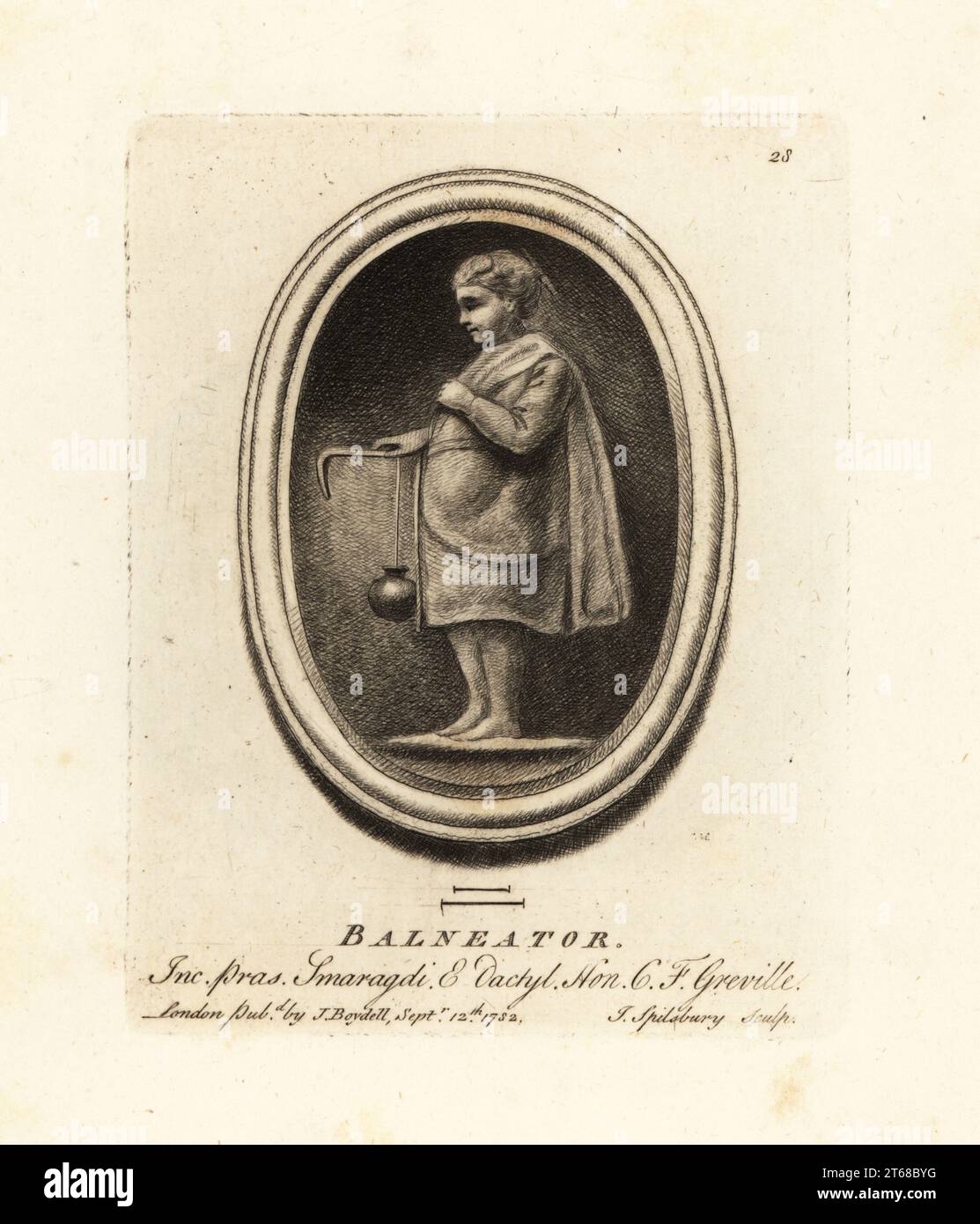 Roman bath attendant with jar of oil and strigil, a tool to scrape oil from the skin. Engraved in emerald and dactylotheca from the collection of antiquarian Charles Francis Greville. Balneator inc. pras. Smaragdi & Dactyl. Mezzotint copperplate engraving by John Spilsbury from his Collection of Fifty Prints from Antique Gems, John Boydell, London, 1785. Stock Photo