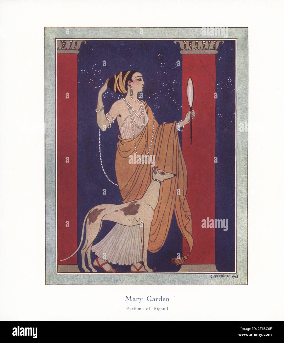 Promotional art for Mary Garden, Perfume of Rigaud, 1913. It was launched in 1910 and later discontinued. Named for the popular Scottish-American operatic lyric singer, 1874-1967. A woman in ancient Greek hairstyle and costume with strings of pearls looks in a mirror between two columns. Colour-printed illustration by George Barbier from Andre de Fouquieres The Perfumes of Rigaud, Letters of a Parisian and and American Girl, L'art des parfums, Lettres d'un Parisien et d'une Américaine, Maison Rigaud, Parfumeur, Paris, 1915. Stock Photo