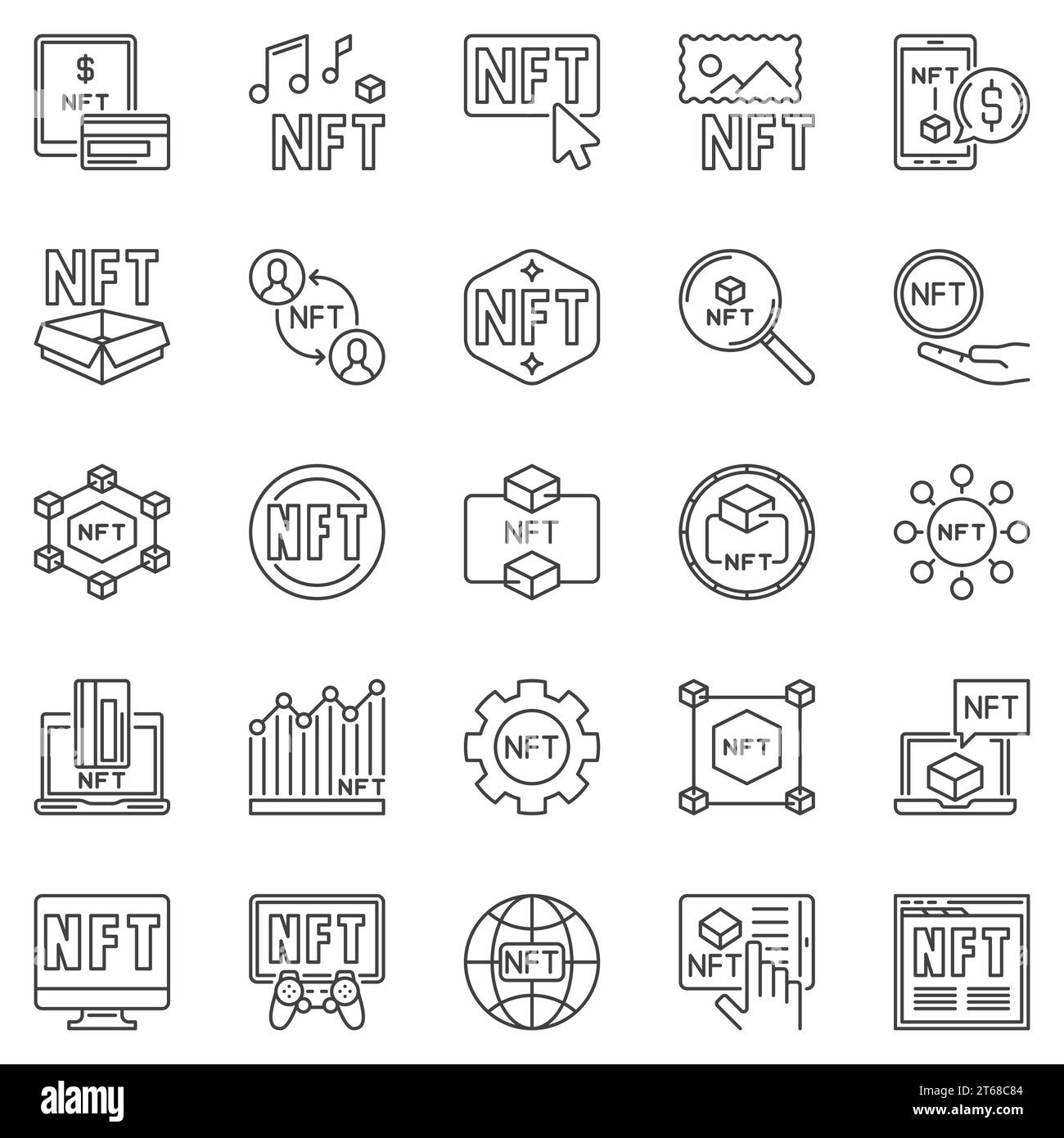 NFT outline icons set - Non-Fungible Token thin line concept symbols. Vector Crypto Technology signs Stock Vector