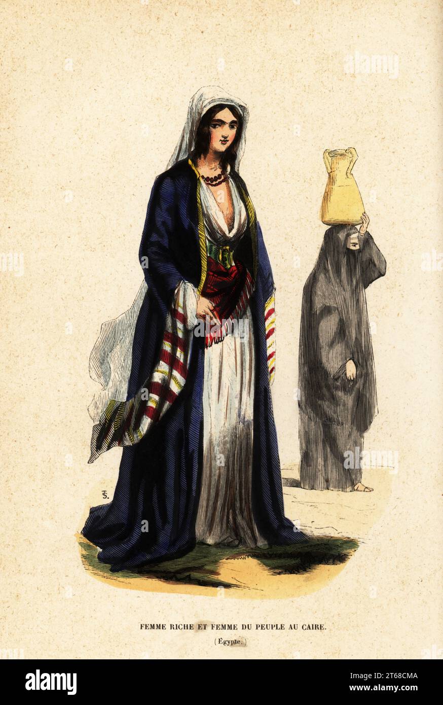 Rich woman and woman of the people, Cairo, Egypt, 19th century. The rich woman has her eyes decorated with khol, wears a wool cap, white chemise, long gold-trimmed yalek (robe) and cashmere or muslin scarf as a belt. The common woman wears a burka and carries an urn on her head. Femme riche et femme du peuple au Caire, Egypte. Handcoloured woodcut by T.S. from Auguste Wahlen's Moeurs, Usages et Costumes de tous les Peuples du Monde, (Manners, Customs and Costumes of all the People of the World) Librairie Historique-Artistique, Brussels, 1845. Wahlen was the pseudonym of Jean-Francois-Nicolas L Stock Photo