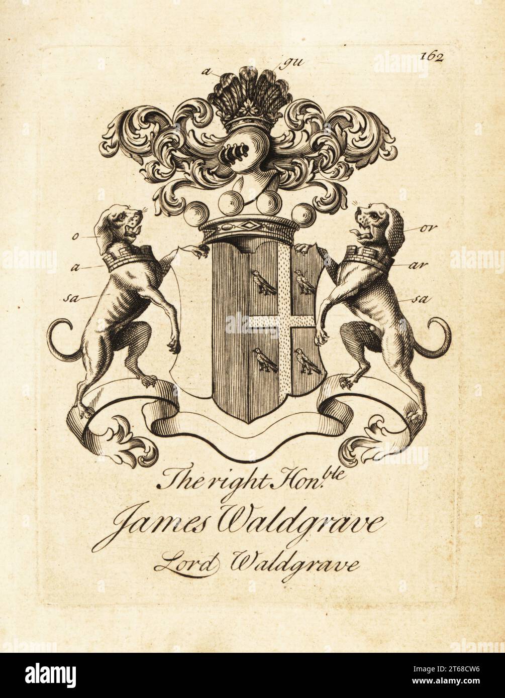 Coat of arms of the Right Honourable James Waldgrave, Lord Waldgrave. Copperplate engraving by Andrew Johnston after C. Gardiner from Notitia Anglicana, Shewing the Achievements of all the English Nobility, Andrew Johnson, the Strand, London, 1724. Stock Photo