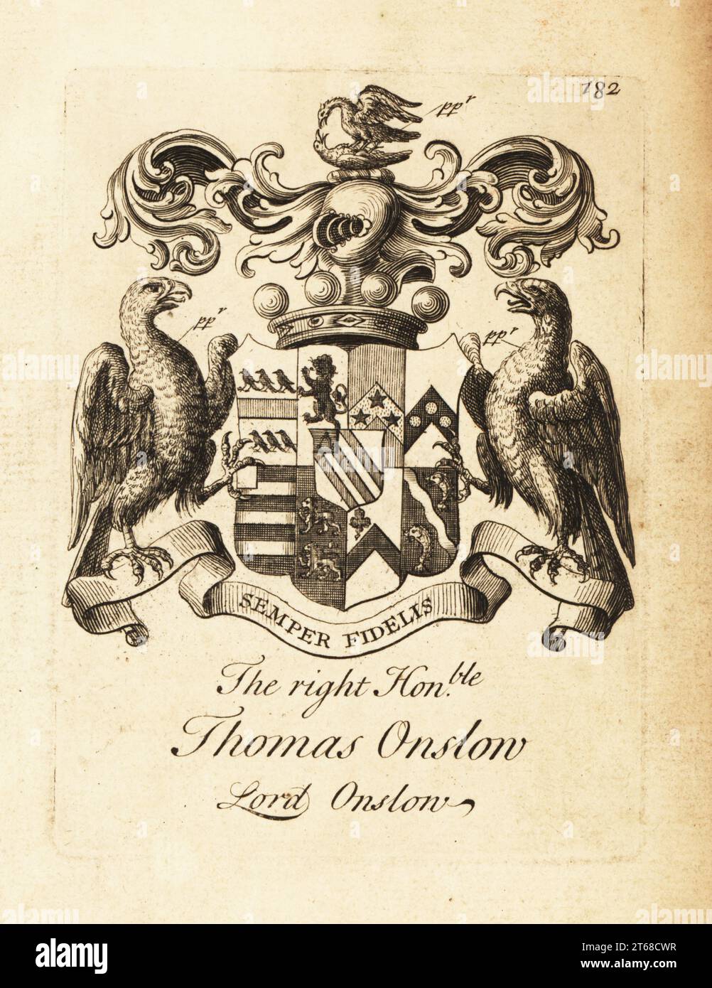Coat of arms of the Right Honourable Thomas Onslow, Lord Onslow, 2nd Baron Onslow, 1679-1740. Copperplate engraving by Andrew Johnston after C. Gardiner from Notitia Anglicana, Shewing the Achievements of all the English Nobility, Andrew Johnson, the Strand, London, 1724. Stock Photo