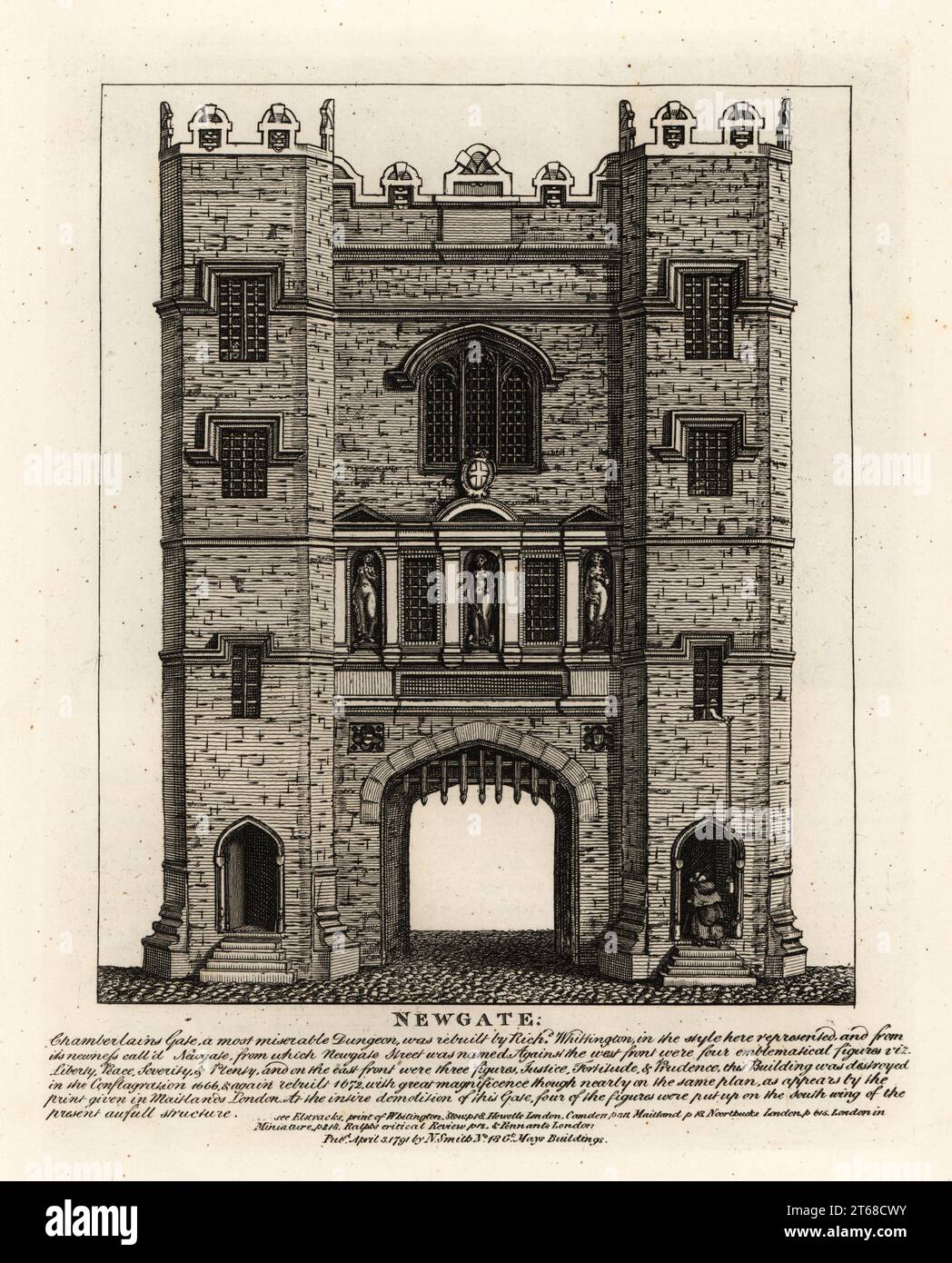 Newgate, rebuilt in 1672 after the Fire of London, with three figures Justice, Fortitude and Prudence from the former gate built by Mayor of London Richard Wittington. Copperplate engraving by John Thomas Smith after original drawings by members of the Society of Antiquaries from his J.T. Smiths Antiquities of London and its Environs, J. Sewell, R. Folder, J. Simco, London, 1791. Stock Photo