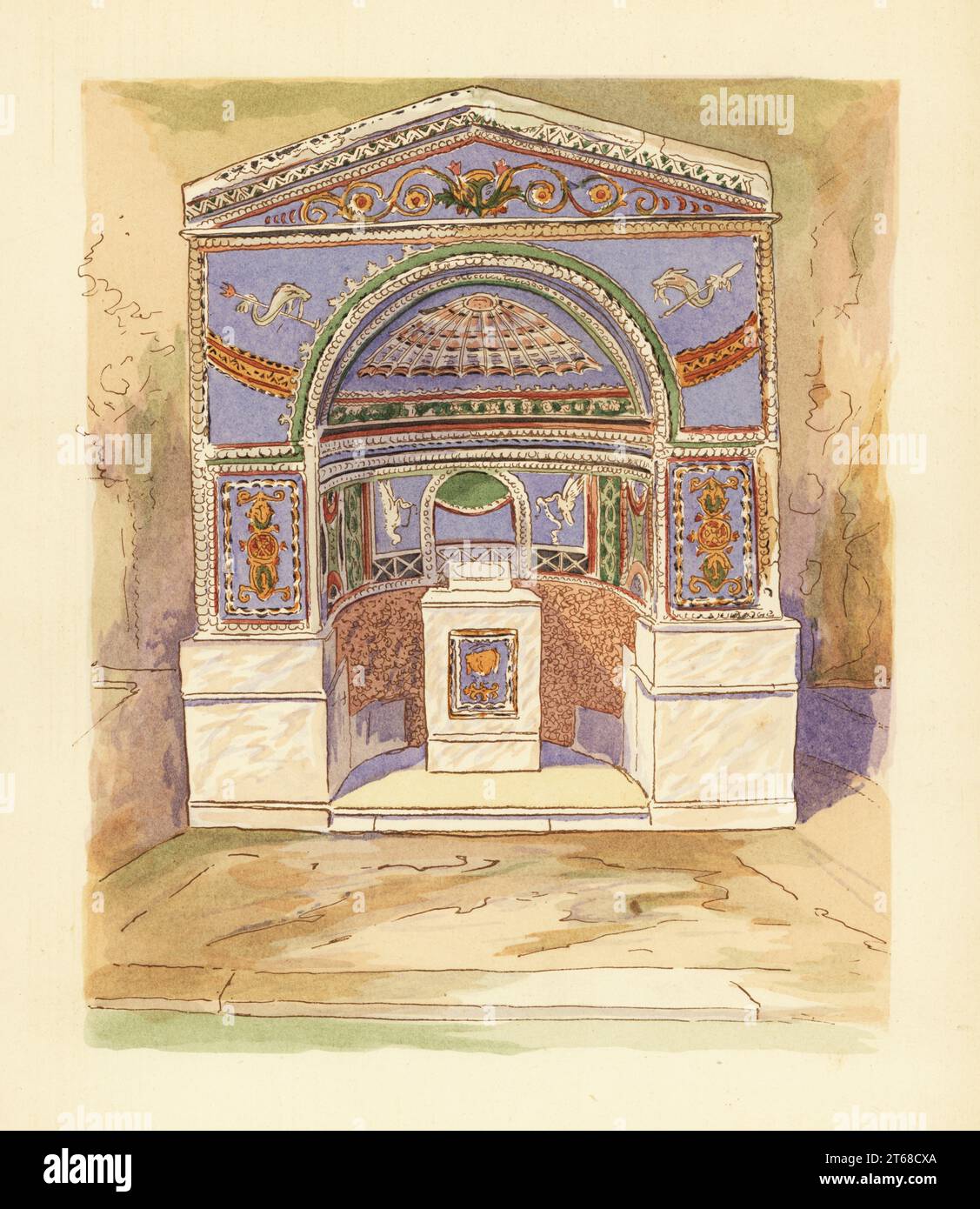 Enamel mosaic fountain in the House of the Scientists, Casa degli Scienziati, Pompeii. Fontaine de mosaique demail du Vico dei Scienzati, Region VI.14.43. Handcoloured pochoir (stencil) lithograph by Pierre Guzman from his own Decoration murale a Pompei, (Wall decoration at Pompeii), Editions Albert Morance), Paris, 1924. Stock Photo