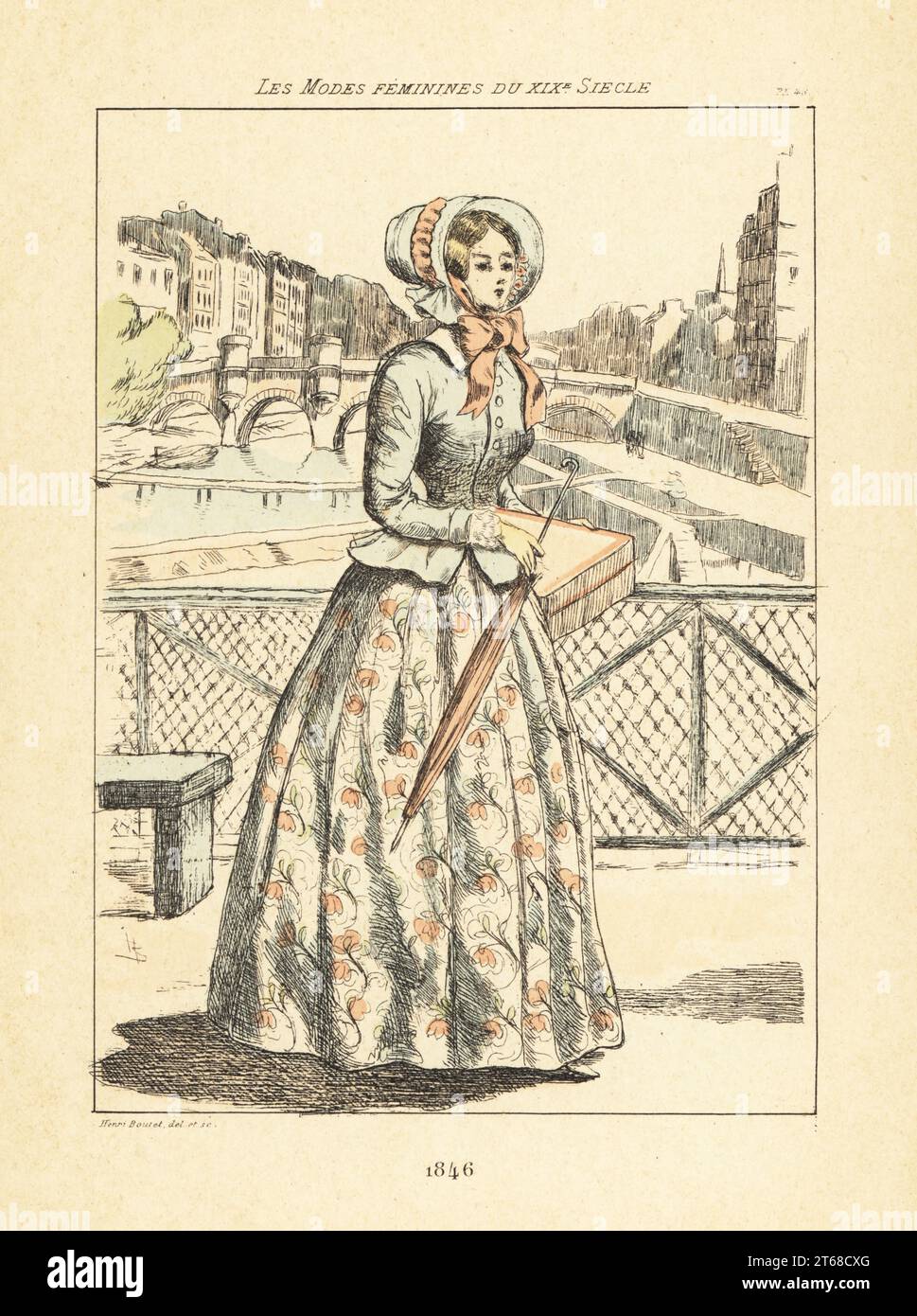 Fashionable woman on the Pont des Arts, Paris, 1846. The River Seine and the stone Pont Neuf between the Rive Guache and Ile de la Cite in the background. She wears a bonnet, fitted jacket, floral skirts, and carries a parasol and box. Handcoloured drypoint or pointe-seche etching by Henri Boutet from Les Modes Feminines du XIXeme Siecle (Female Fashions of the 19th Century), Ernest Flammarion, Paris, 1902. Boutet (1851-1919) was a French artist, engraver, lithographer and designer. Stock Photo