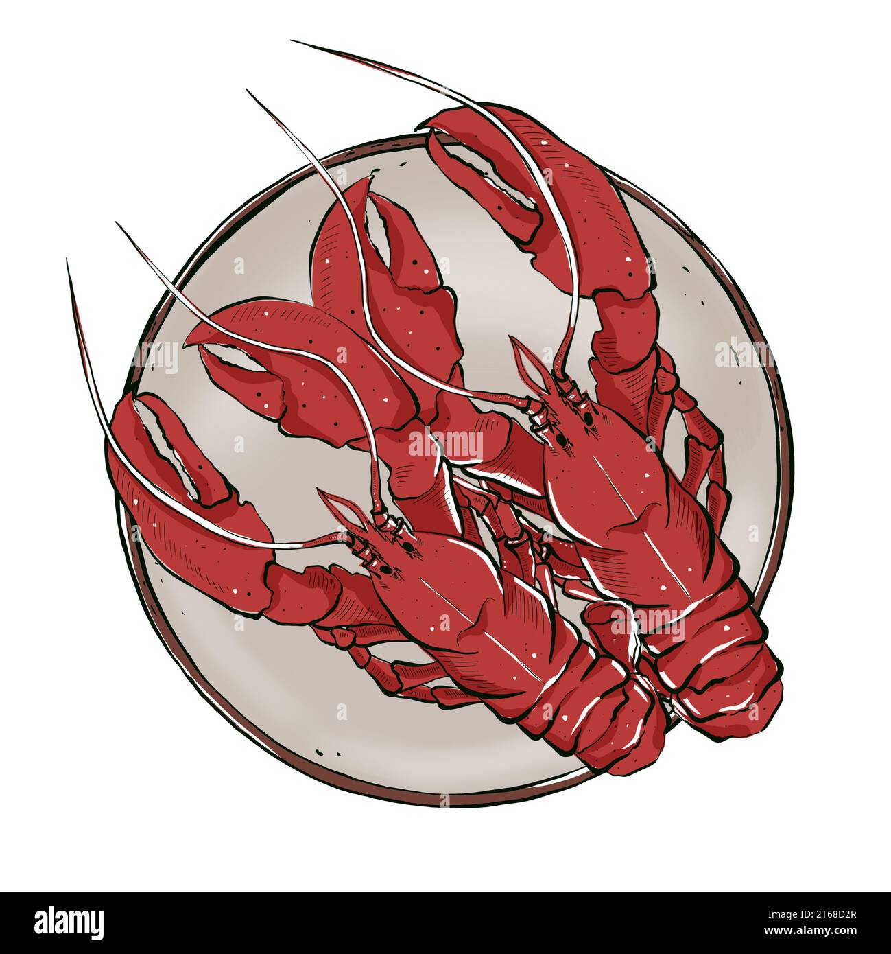 Red lobsters on a plate in sketch style. Hand drawn illustration, isolated on white background. Graphic element for seafood restaurant menu Stock Photo