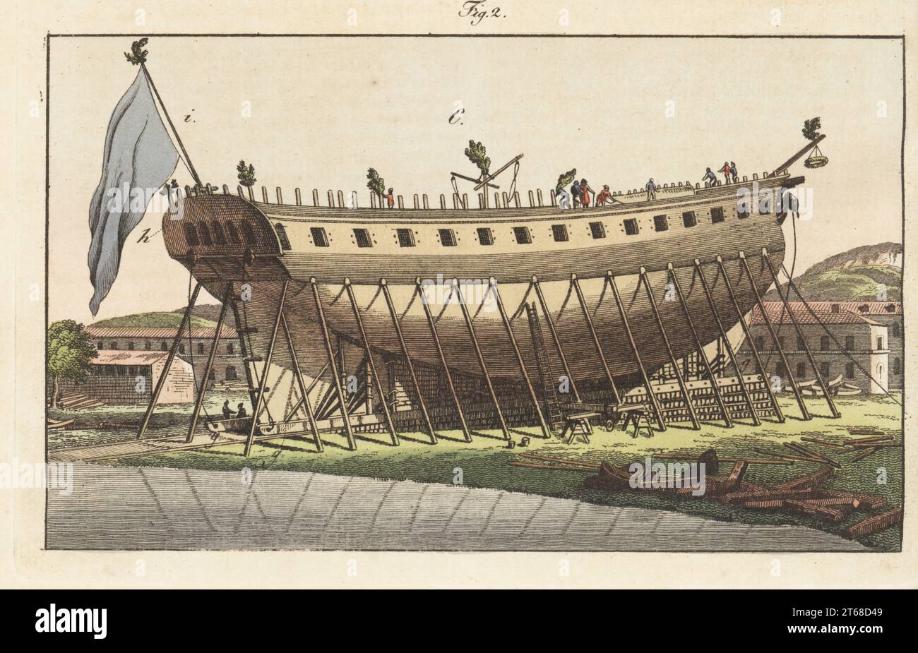 Vessel in a shipyard ready for launch, 1800s. French frigate with one row of gun ports, blue ensign, supported by scaffolding and decorated with garlands and bouquets. Vaisseau sur le chantier pret a etre lance a l'eau. Handcoloured copperplate engraving from Carl Bertuch's Bilderbuch fur Kinder (Picture Book for Children), Weimar, 1815. A 12-volume encyclopedia for children illustrated with almost 1,200 engraved plates on natural history, science, costume, mythology, etc., published from 1790-1830. Stock Photo
