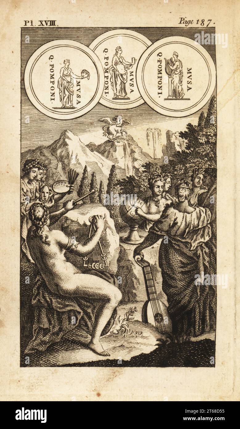 The nine Greek Muses with their symbols. Calliope, epic poetry, Clio, history, Erato, love poetry, Euterpe with lute, music, Melpomene with mask, tragedy, Polyhymnia, sacred poetry. Terpsichore, dance, Thalia, comedy. Urania with globe, astronomy. Copperplate engraving from Andrew Tookes The Pantheon, Representing the Fabulous Histories of the Heathen Gods, London, 1757. Stock Photo