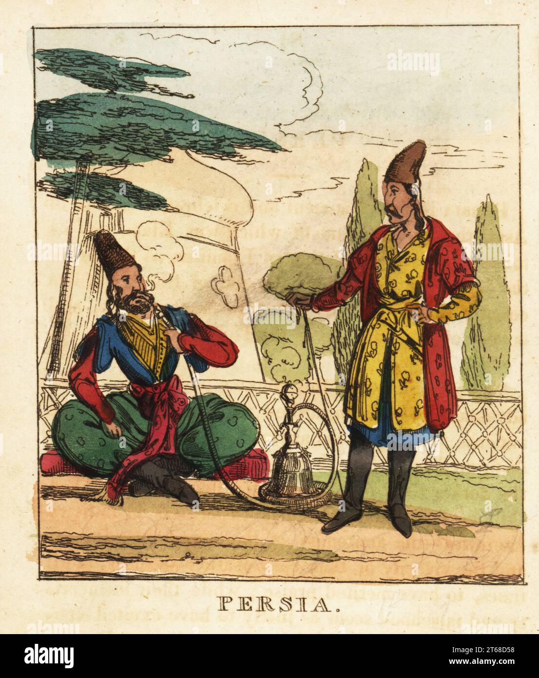 Costumes of Persia, 19th century. A bearded man sits on a divan smoking a hookah pipe. Another man in fez, coat, robe and boots with a dagger. Handcoloured copperplate engraving from The World in Miniature, or Panorama of the Costumes, Manners & Customs of All Nations, John Bysh, London, 1825. Stock Photo