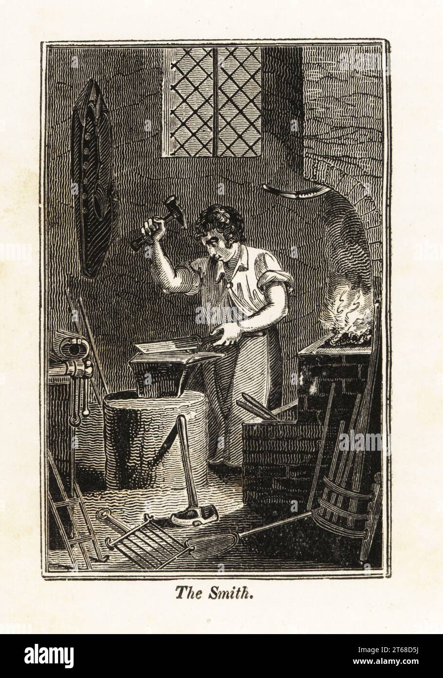 Blacksmith hammering metal on an anvil in a smithy. Tools including mallet and tongs in front of the brick forge, and wrought iron products and railings on the floor. Woodblock engraving from The Book of English Trades, or Library of Useful Arts, F.C.& J. Rivington, London, 1821. Stock Photo