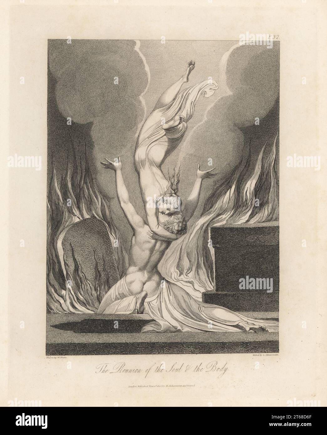 The Reunion of the Soul and the Body (Plate X). A male figure embraced by a shrouded woman spirit diving from above. Flames and smoke billow from a tomb and gravestone. Copperplate engraving by Louis Schiavonetti after an original drawing by William Blake from Robert Blairs The Grave, T. Bensley for Rudolph Ackermann, 1813. Stock Photo
