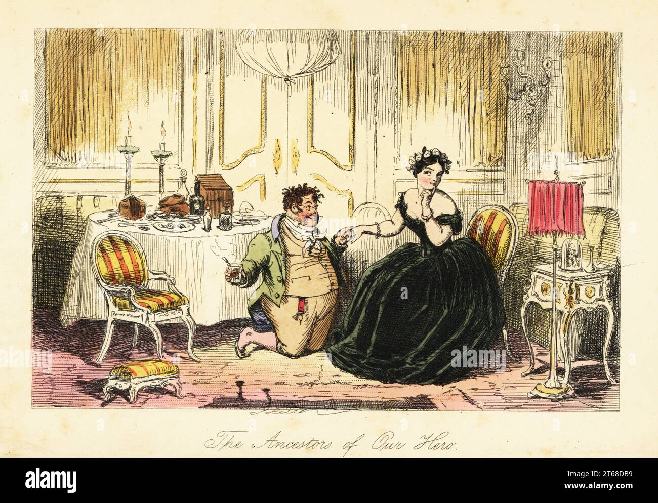 English gentleman courting a young lady in a restaurant in an inn, 19th century. Woman in black crinoline with garland of flowers in her hair. Interior of an inn on a stage coach road. Billy Pringle Sr. helping Miss Willing to find her ring dropped under the table. The ancestors of our hero. Handcoloured steel engraving after an illustration by John Leech from Robert Smith Surtees Ask Mamma, or the Richest Commoner in England, Bradbury and Evans., London, 1858. Stock Photo
