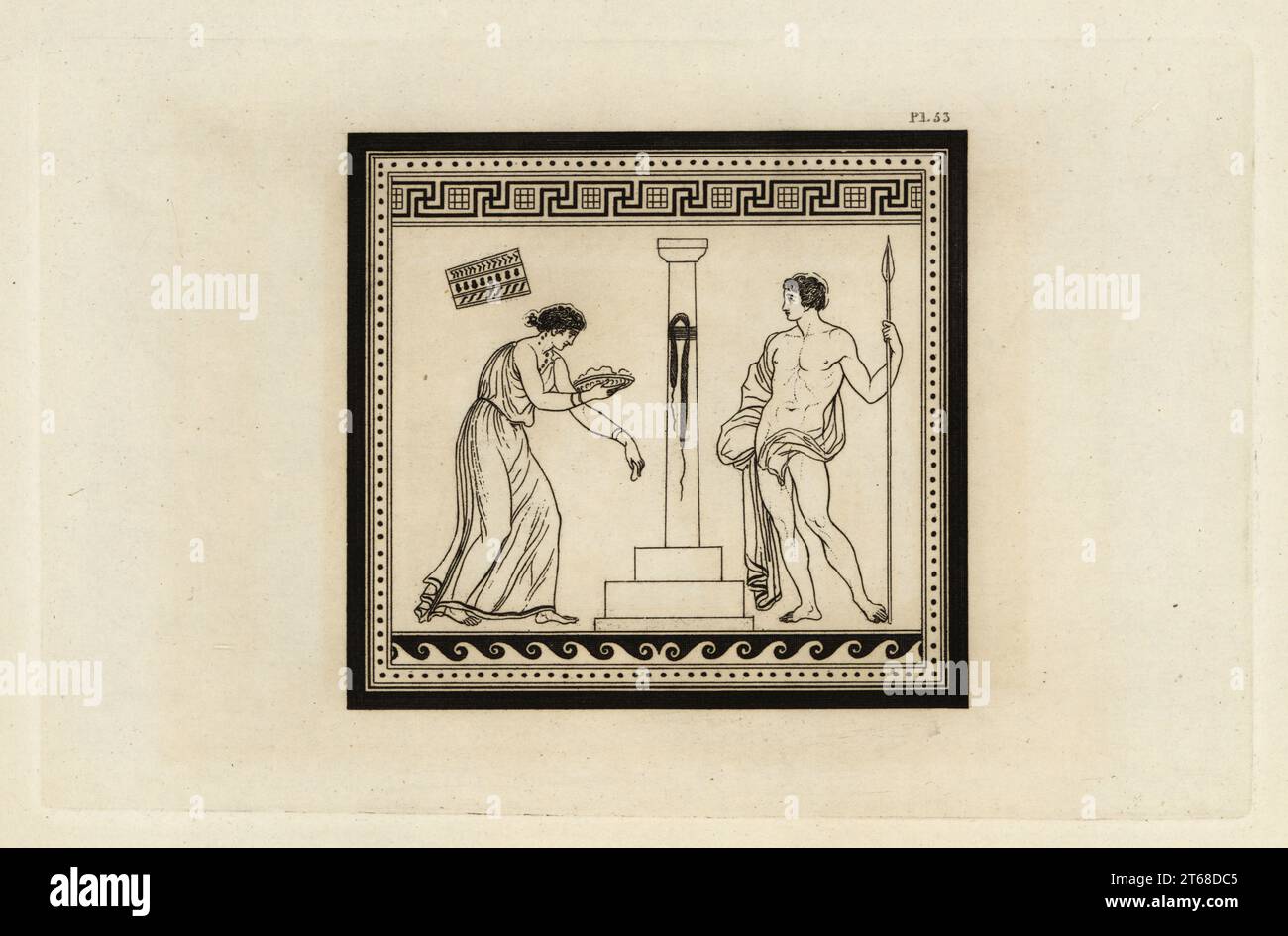 Two figures making offerings to a column to Castor and Pollux, the Dioscuri. The black fillet signifies the death of one of the deities. The cistus is depicted instead of a tabernaculum top left. Copperplate engraving by Thomas Kirk (1765-1797) from Sir William Hamiltons Outlines from the Figures and Compositions upon the Greek, Roman and Etruscan Vases of the Late Sir Hamilton, T. MLean, London, 1834. Stock Photo