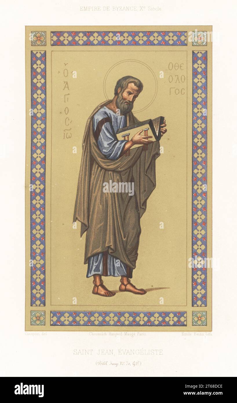 Saint John the Evangelist, Byzantine Empire, 10th century. In halo, blue tunic with gold clavus or stripe under a pallium, reading the Gospels. Saint Jean Evangeliste, Empire de Byzance, Xe Siecle. From MS 70 G, Bibliotheque Imperiale. Chromolithograph by Emile Beau after an illustration by Claudius Joseph Ciappori from Charles Louandres Les Arts Somptuaires, The Sumptuary Arts, Hangard-Mauge, Paris, 1858. Stock Photo