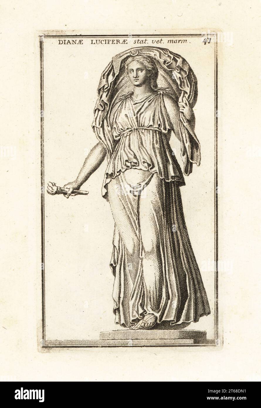 Statue of Roman moon goddess Luna holding a torch, wearing a billowing chiton, a crescent moon in her hair. Roman copy of a 4th century BC Greek statue of Selene. Also known as Diana Lucifera. Dianae Luciferae statua vetus marmorea. Copperplate engraving by Giovanni Battista Cannetti from Copperplates of the most beautiful ancient statues of Rome, Calcografia di piu belle statue antiche a Roma, engraved by Cannetti all'Arco della Ciambella, published by Gaetano Quojani, Rome, 1779. Stock Photo