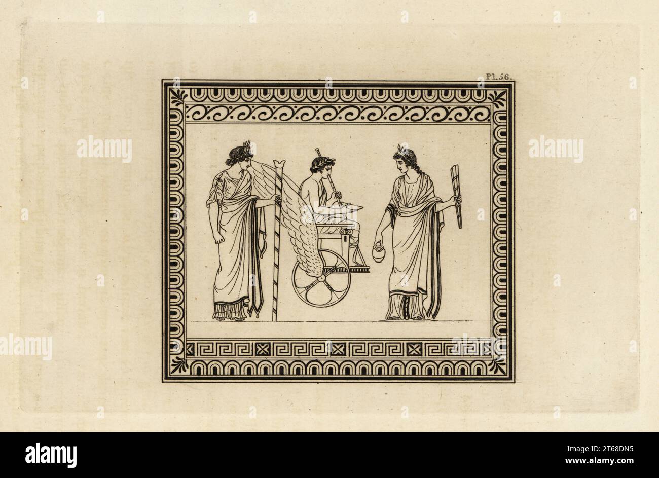 Greek god Apollo seated in a winged chariot. He holds a patera to receive a libation offering from a queen at right, while a priestess pronounces the oracle. Copperplate engraving by Thomas Kirk (1765-1797) from Sir William Hamiltons Outlines from the Figures and Compositions upon the Greek, Roman and Etruscan Vases of the Late Sir Hamilton, T. MLean, London, 1834. Stock Photo
