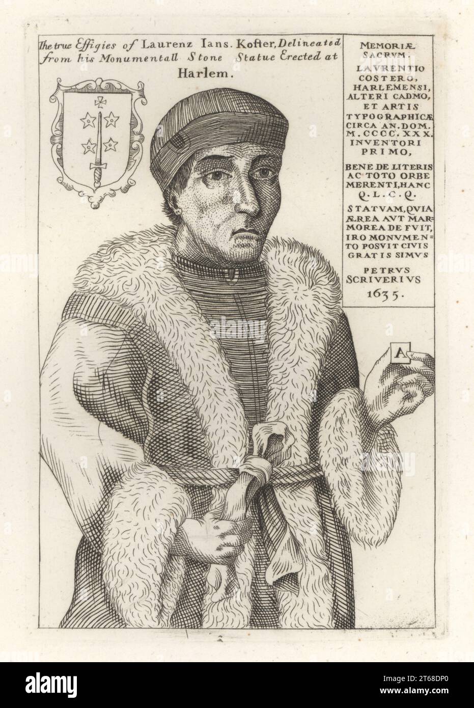 Laurens Janszoon Coster, Dutch inventor of printing, c.1370-1440. Printer and typographer who invented printing simultaneously with Johannes Gutenberg. In cap, fur-lined coat, holding a letter. With coat of arms and biography by Petrus Scriverius. Laurenz Jans Kofter, Laurentio Costero, from his grave effigy in Harlem. Copperplate engraving from Samuel Woodburns Gallery of Rare Portraits Consisting of Original Plates, George Jones, 102 St Martins Lane, London, 1816. Stock Photo