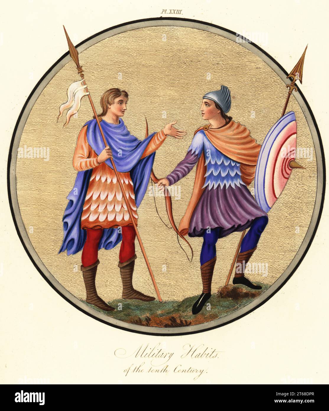 Anglo-Saxon soldiers wearing breastplate and skirts of scale armour. Soldier in helmet, mantle and boots with bow, shield and lance, with standard bearer. Military habits of the 10th century. From the Harley Psalter, Harley MS 603. Handcoloured engraving by Joseph Strutt from his Complete View of the Dress and Habits of the People of England, Henry Bohn, London, 1842. Stock Photo