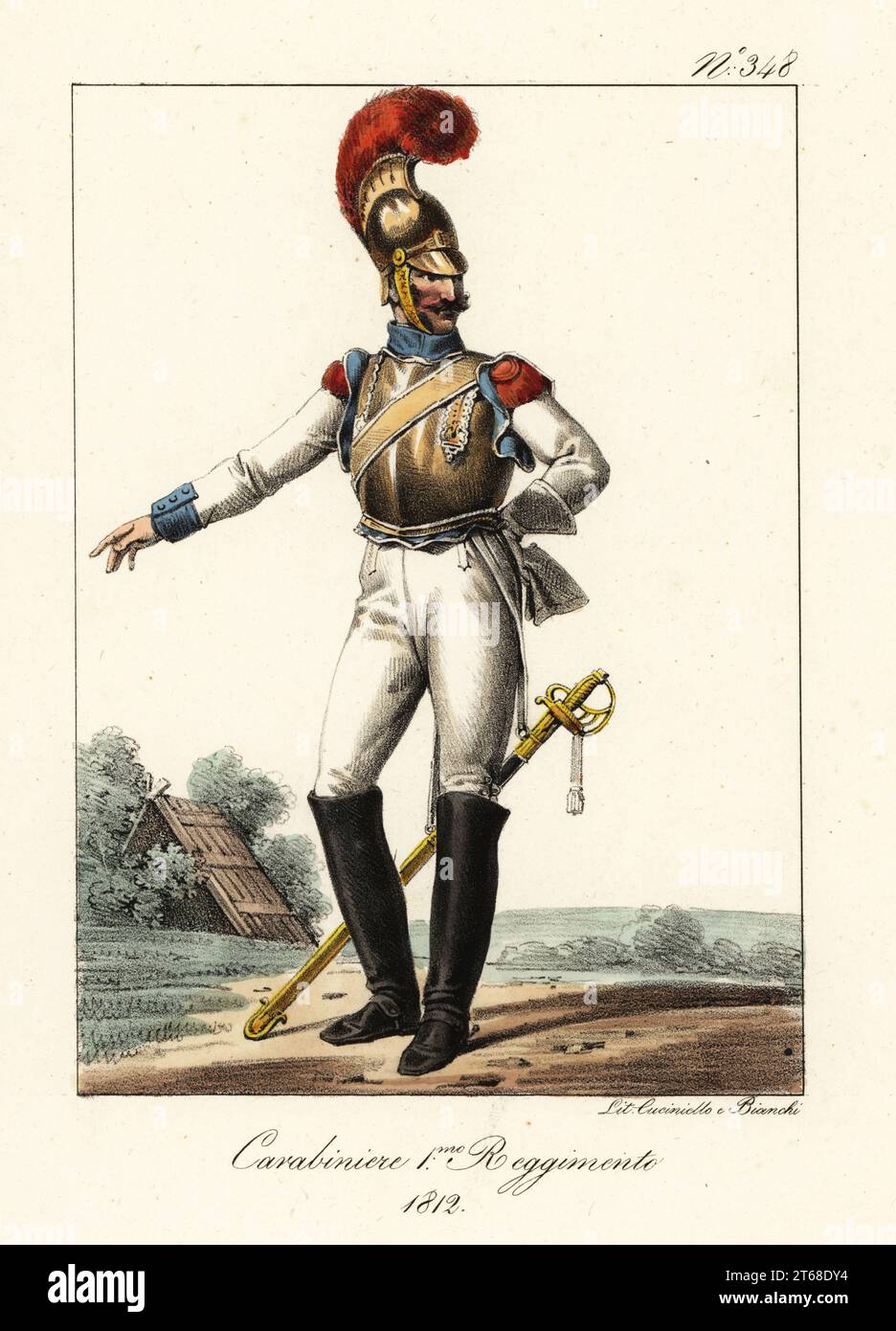 Uniform of the 1st Regiment of Carabiniers-a-Cheval. He wears a copper dragoon's helmet with scarlet chenille, brass breastplate, white uniform, scarlet epaulettes, blue cuffs, boots, and sabre. Carabinier 1er Regiment, 1812. Handcoloured lithograph by Lorenzo Bianchi and Domenico Cuciniello after Hippolyte Lecomte from Costumi civili e militari della monarchia francese dal 1200 al 1820, Naples, 1825. Italian edition of Lecomtes Civilian and military costumes of the French monarchy from 1200 to 1820. Stock Photo