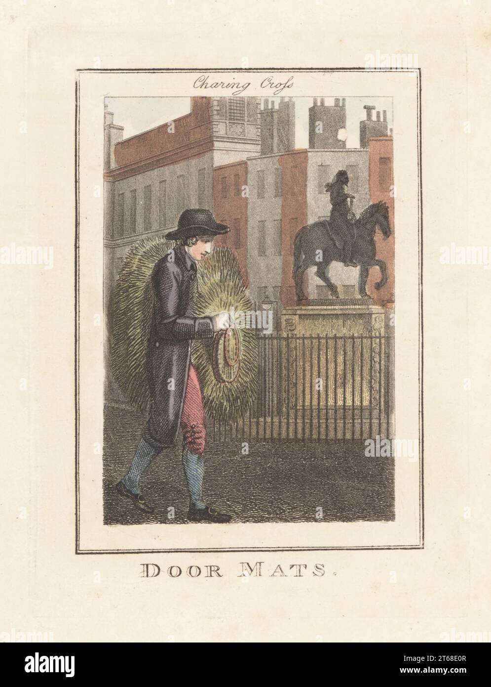 Door-mat seller in front of King Charles I equestrian statue, Charling Cross. Man in hat, coat, breeches and buckle shoes, selling rush and rope mats. Handcoloured copperplate engraving by Edward Edwards after an illustration by William Marshall Craig from Description of the Plates Representing the Itinerant Traders of London, Richard Phillips, No. 71 St Pauls Churchyard, London, 1805. Stock Photo