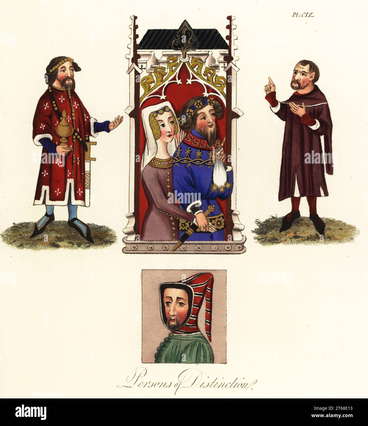 William de Albeneis, Pincerna Regis, with goblet and sword: (f.91v), John Gyniford and his wife Margaret with large bag of gold (f.112v); Alan Strayler, lay illuminator to the abbey (f.108r) and Thomas Bedel of Redbourn. Benefactors and illuminator to the Abbey of St Albans. From the Golden Book of St Albans, Cotton Nero MS D vii. Handcoloured engraving by Joseph Strutt from his Complete View of the Dress and Habits of the People of England, Henry Bohn, London, 1842. Stock Photo
