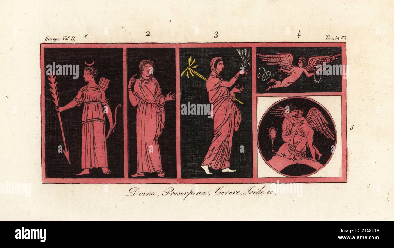 Ancient goddesses Diana 1, Proserpina 2, Ceres 3, Iris 4, Venus and Amor 5. From antique vases by Aubin Louis Millin. Diana, Proserpina, Cerere, Iride, &c. Handcoloured copperplate engraving from Giulio Ferrarios Costumes Ancient and Modern of the Peoples of the World, Il Costume Antico e Moderno, Florence, 1842. Stock Photo