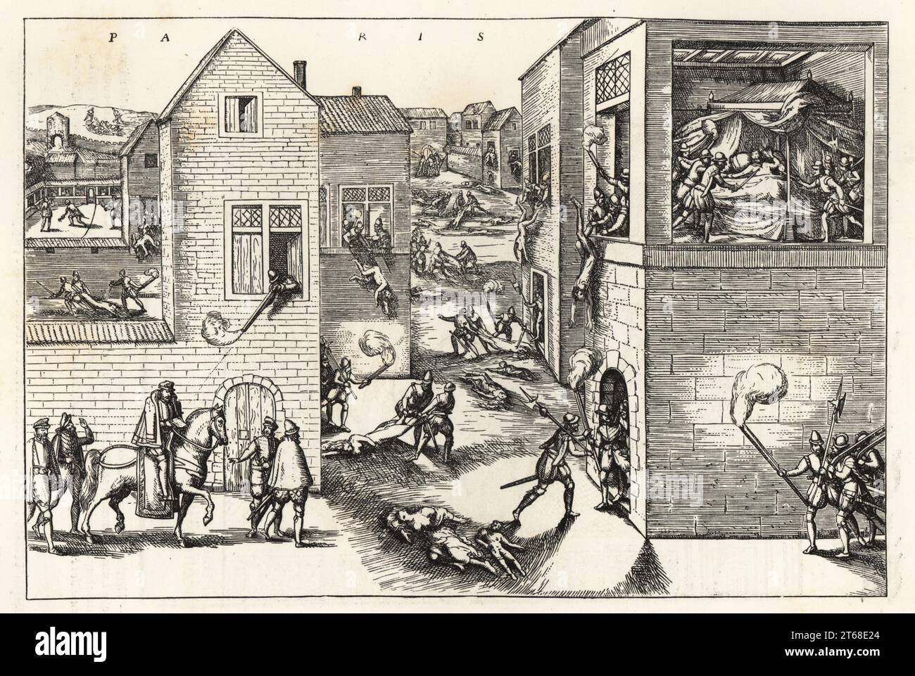 The Saint Bartholomews Day Massacre of the Huguenots in Paris, 24 August 1572. Admiral Coligny wounded by a musketeer at left, and finally stabbed in his hotel bed on rue Bethisy by Besme and defenestrated at right. Women and children slaughtered in the streets. From a German print by Frans Hogenberg. Massacre de la Saint Barthelemy, a Paris. woodcut, engraving, Etienne Huyot, Jules Huyot, Paul Lacroix, La Vie Militaire et Religieuse au Moyen Age et a lEpoque de la Renaissance, Military, Religious, Life, Middle Ages, Renaissance, costume, custom, Christianity, society, religion,. Stock Photo