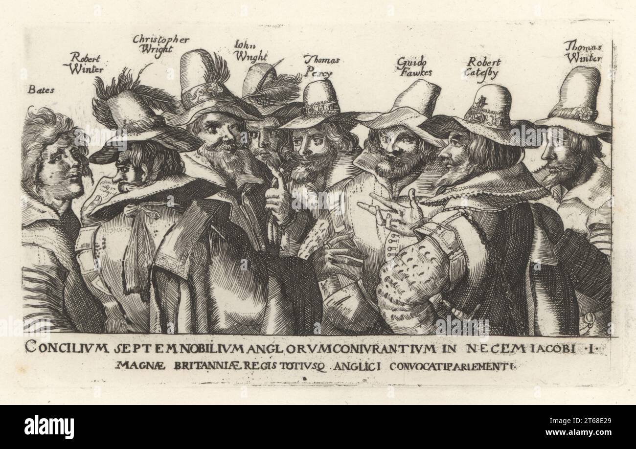 Guy Fawkes and other Gunpowder Plot conspirators, 1605. Thomas Bates, Robert Winter, Christopher Wright, John Wright, Thomas Percy, Guido Fawkes, Robert Catesby and Thomas Winter. After an engraving by Crispijn van de Passe. Copperplate engraving from Samuel Woodburns Gallery of Rare Portraits Consisting of Original Plates, George Jones, 102 St Martins Lane, London, 1816. Stock Photo
