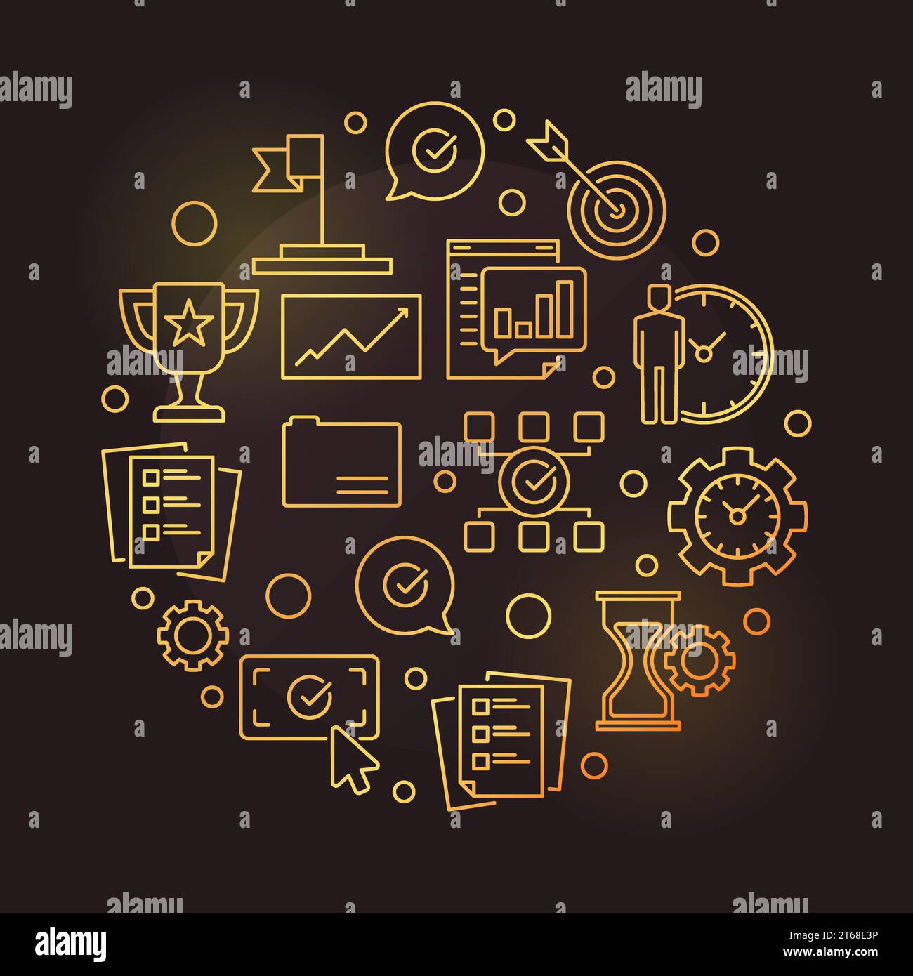 Business goals vector golden round illustration in thin line style on ...