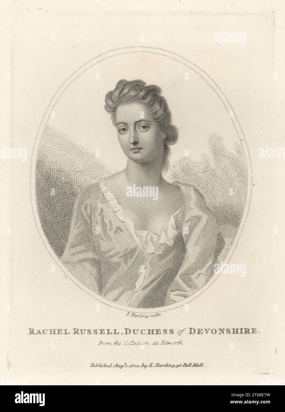 Rachel Russell, Duchess of Devonshire, 1674-1725. Eldest daughter of William Russell, Lord Russell, and Lady Rachel Wriothesley, cousin of Petworths owner, Lady Elizabeth Percy. One of the Petworth Beauties in the collection at Petworth House, West Sussex. Copperplate engraving by Edward Harding after Michael Dahl from John Adolphus The British Cabinet, containing Portraits of Illustrious Personages, printed by T. Bensley for E. Harding, 98 Pall Mall, London, 1800. Stock Photo
