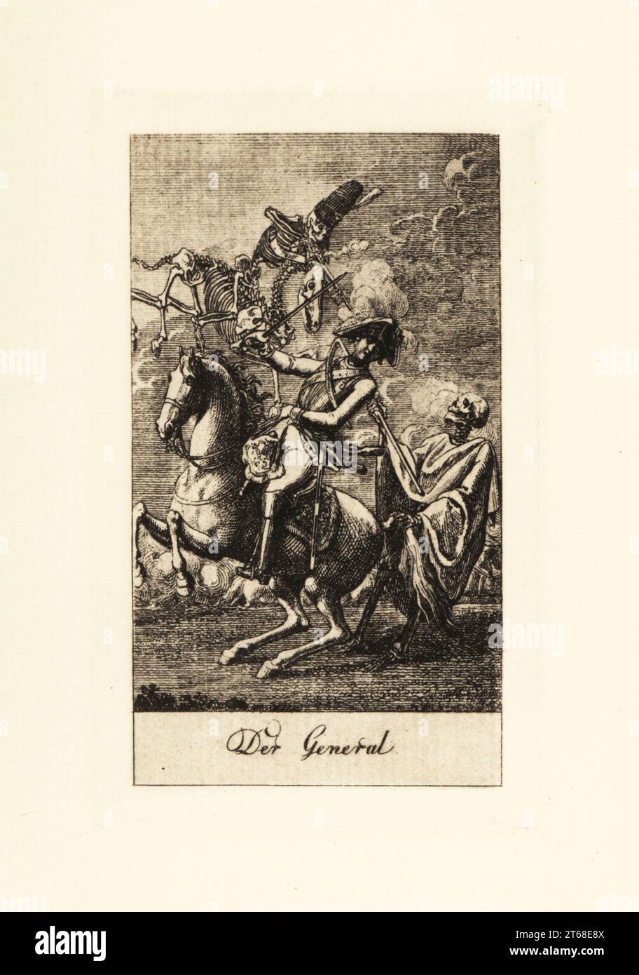 Two skeletons of Death attack a German general on horseback. One skeleton on a spectral horse fires a musket, while another hooks him with a scythe. The General. Der General. Copperplate engraving drawn and etched by Daniel Nikolaus Chodowiecki from a series of Dance of Death, originally published in the Lavenburg Calendar in 1792. Reprinted from the original copperplates in Totentanz by Walther Nithack-Stahn, Eigenbrodler Verlag, Berlin, 1926. Stock Photo