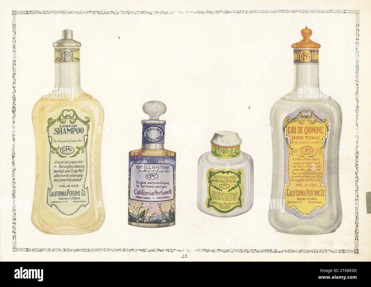 CPC brand cosmetics from 1926. Bottle of Liquid Shampoo, bottle of Brillantine hair dressing, bottle of Bandoline Hair Dressing and bottle of Eau de Quinine hair tonic. Chromolithograph by an unknown artist from the California Perfume Company (later Avon) product catalog, New York, Kansas, Montreal, 1926. Stock Photo