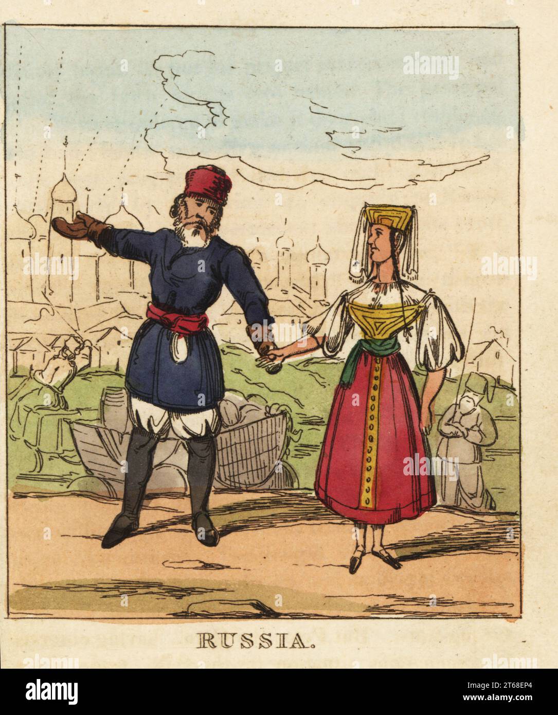 Costumes of Russia, 19th century. Russian man in hat, coat, sash belt, gloves, breeches and boots. Woman in square hat with veil, blouse, bodice, apron and skirts. Handcoloured copperplate engraving from The World in Miniature, or Panorama of the Costumes, Manners & Customs of All Nations, John Bysh, London, 1825. Stock Photo