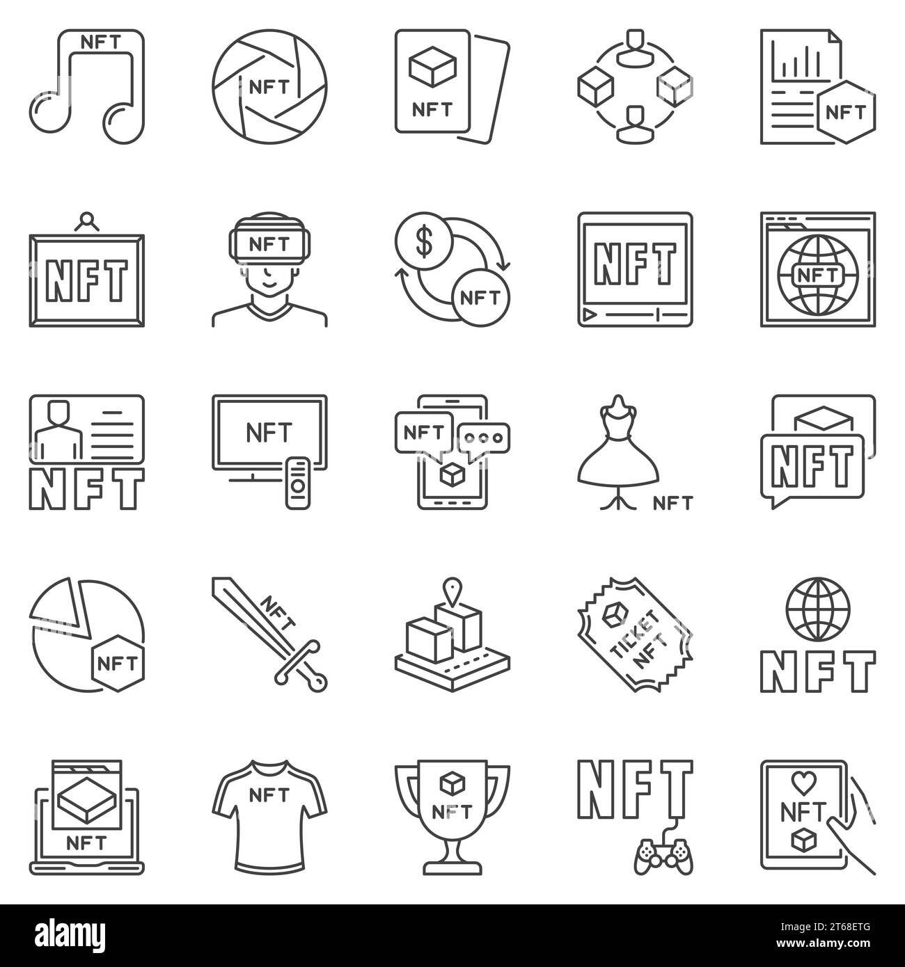 NFT Technology outline icons set. Non-Fungible Token vector concept symbols. Types of NFTs signs Stock Vector